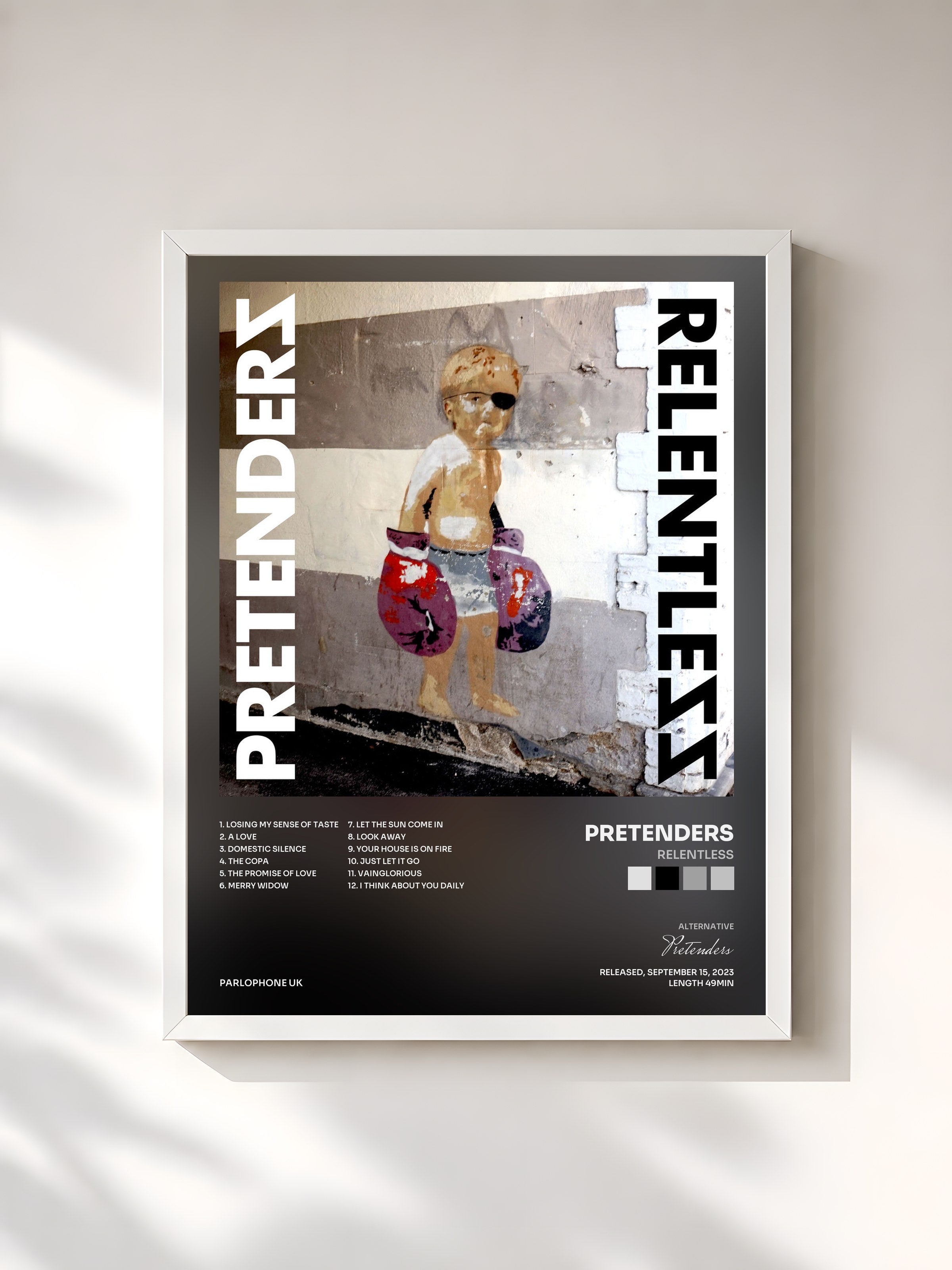 #blanc Tableau de l'album Relentless de Pretenders, cadre blanc, imprimé et encadré en France