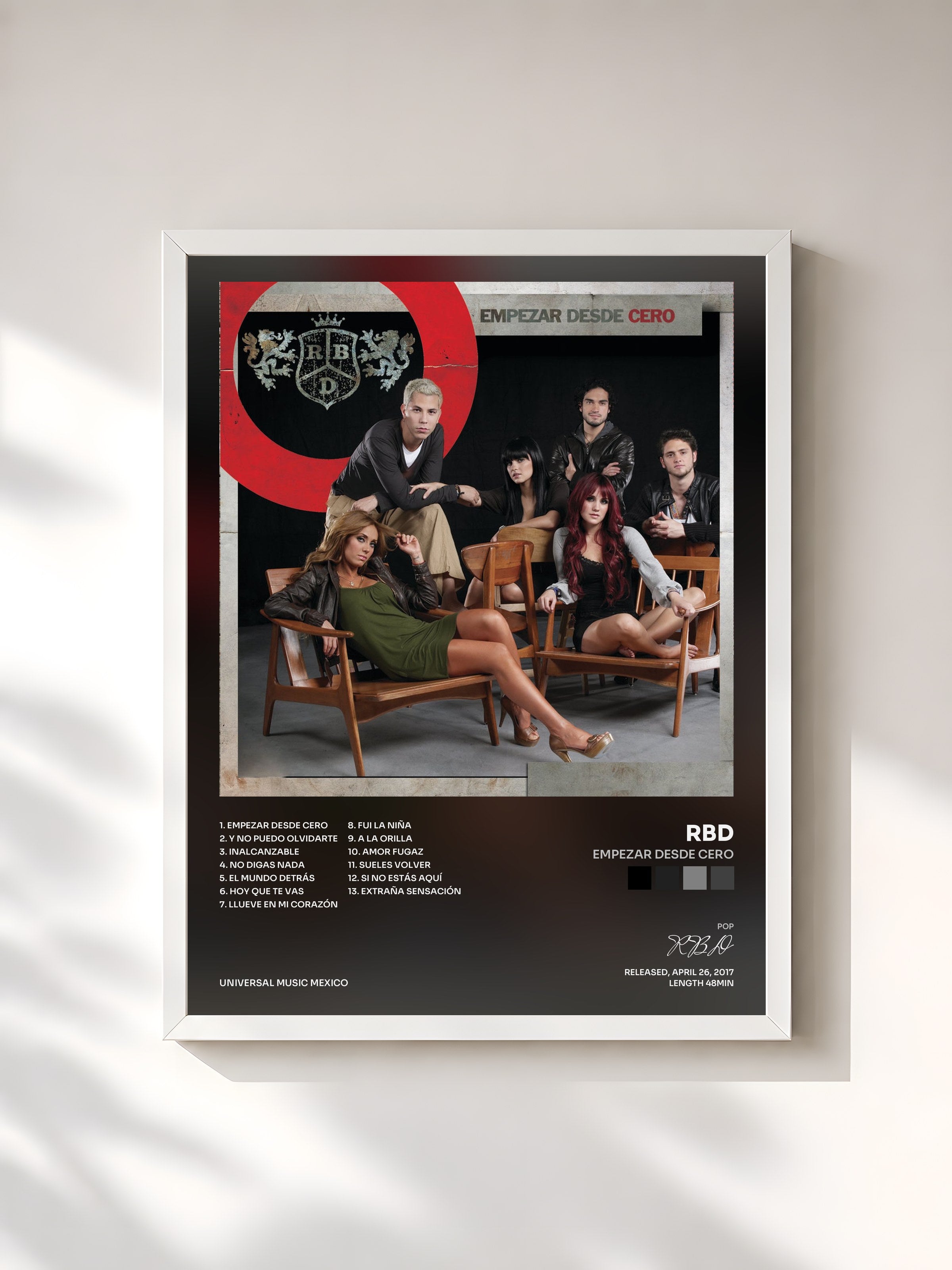 #blanc Tableau de l'album Empezar Desde Cero de RBD, cadre blanc, imprimé et encadré en France