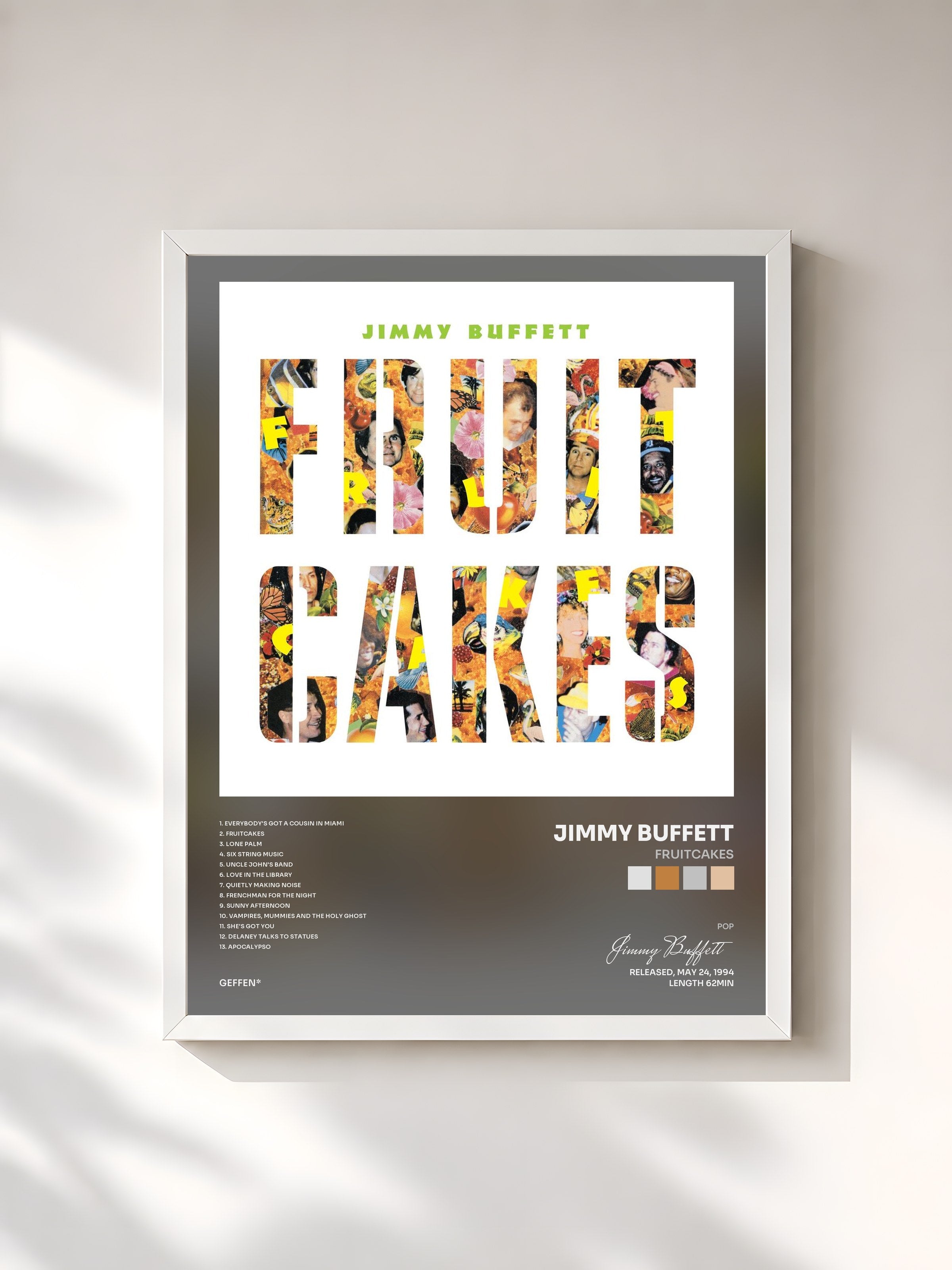 #blanc Tableau de l'album Fruitcakes de Jimmy Buffett, cadre blanc, imprimé et encadré en France