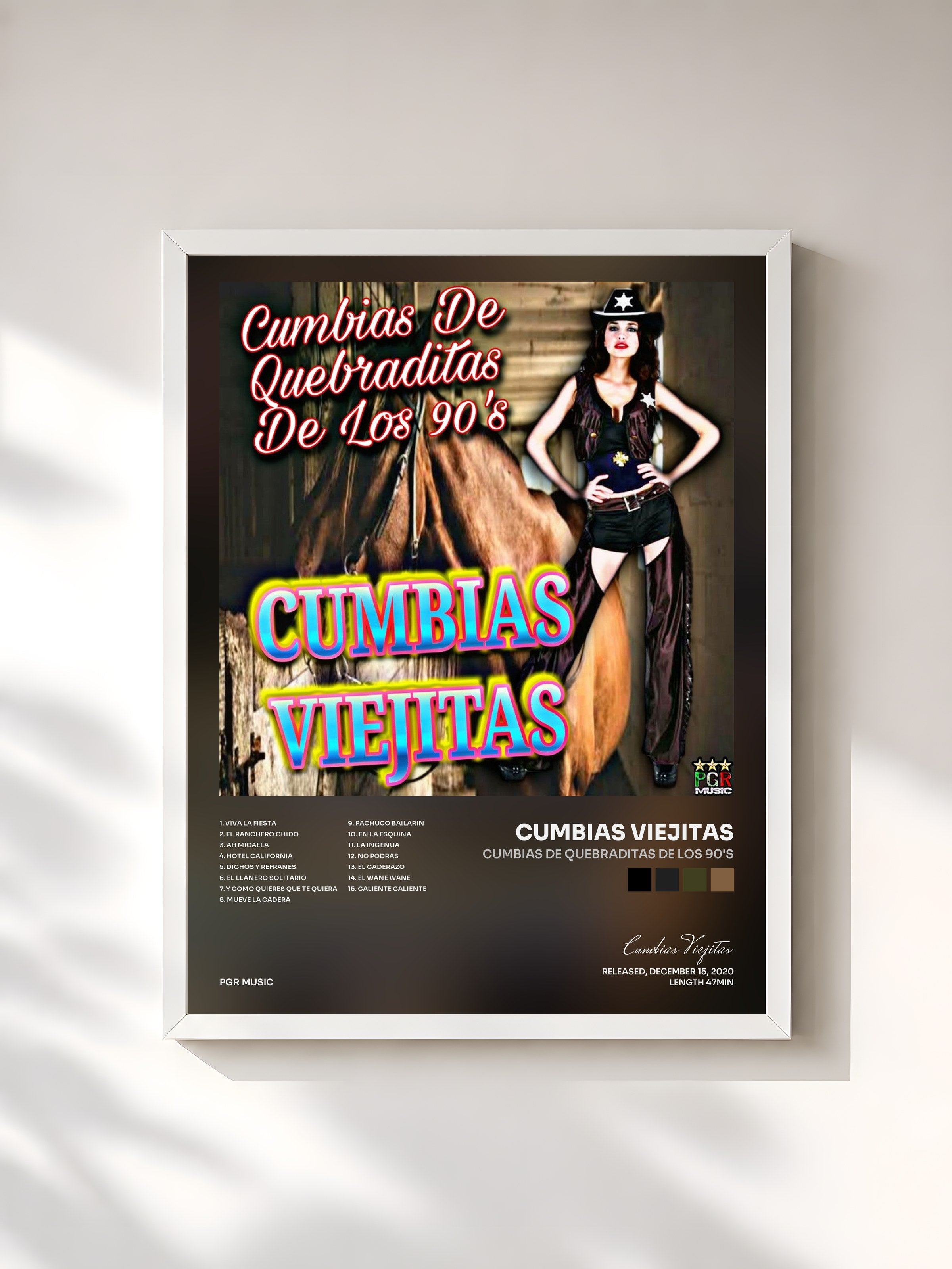 #blanc Tableau de l'album Cumbias De Quebraditas De Los 90's de Cumbias Viejitas, cadre blanc, imprimé et encadré en France