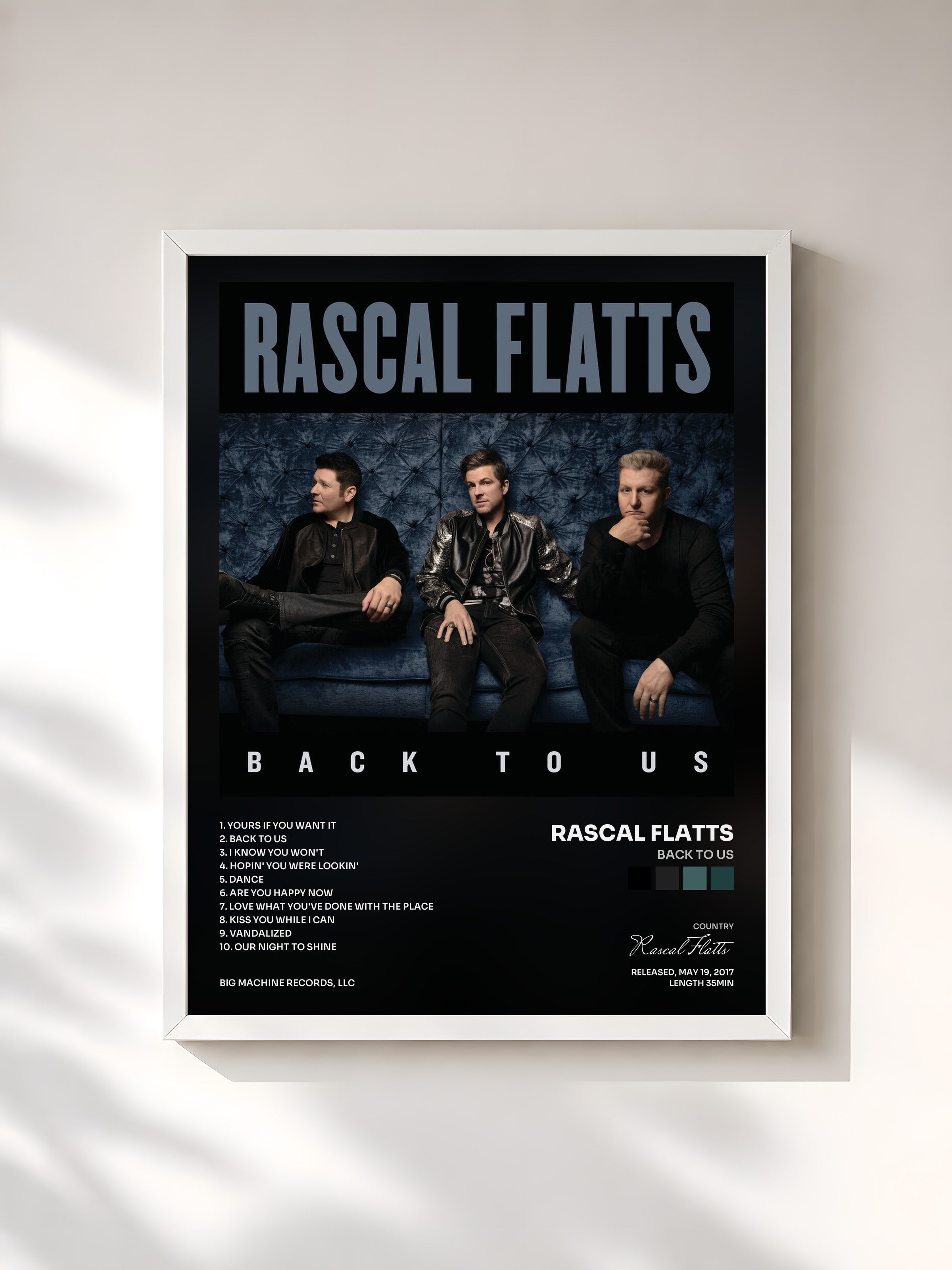 #blanc Tableau de l'album Back To Us de Rascal Flatts, cadre blanc, imprimé et encadré en France
