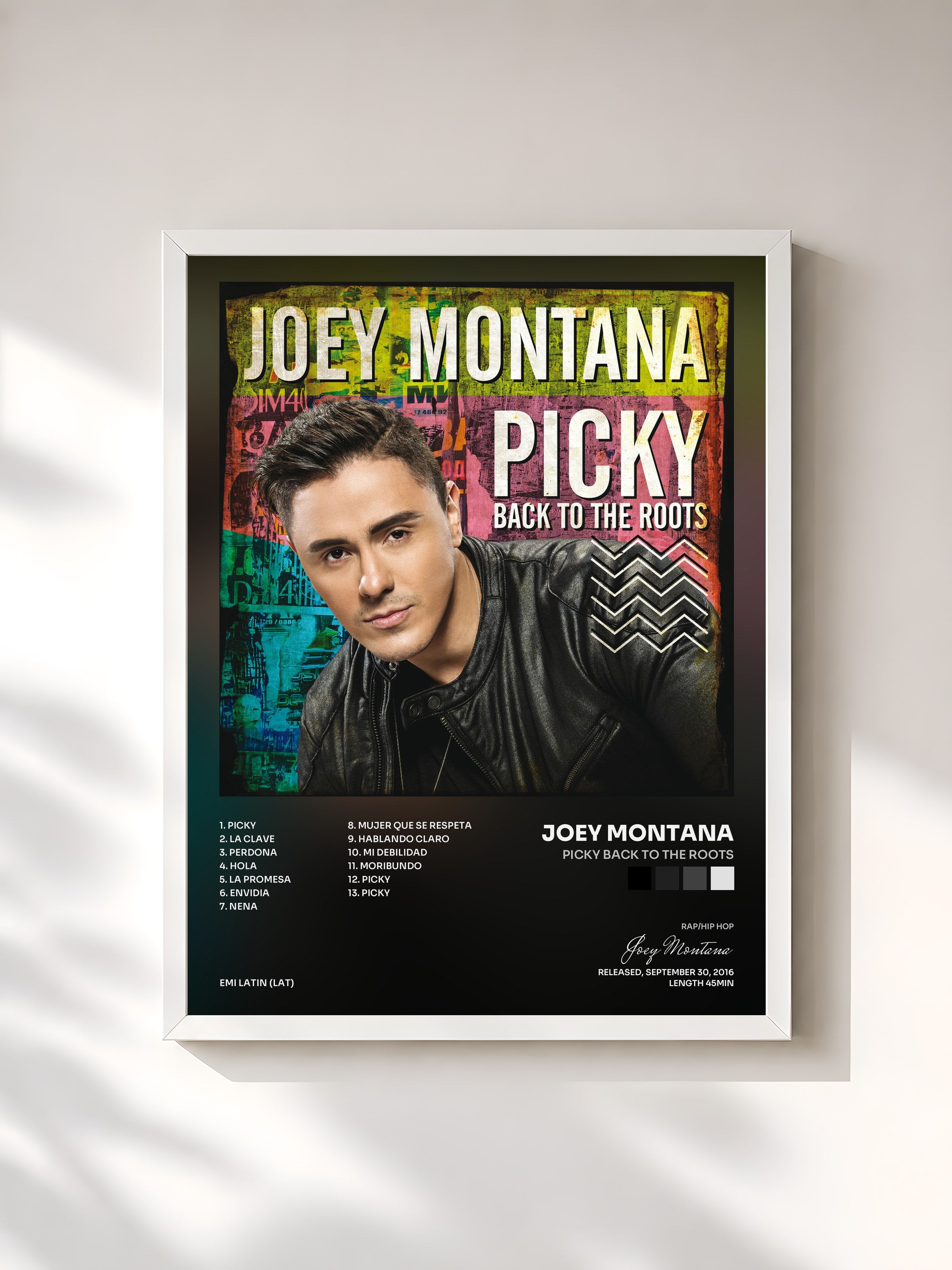 #blanc Tableau de l'album Picky Back To The Roots de Joey Montana, cadre blanc, imprimé et encadré en France