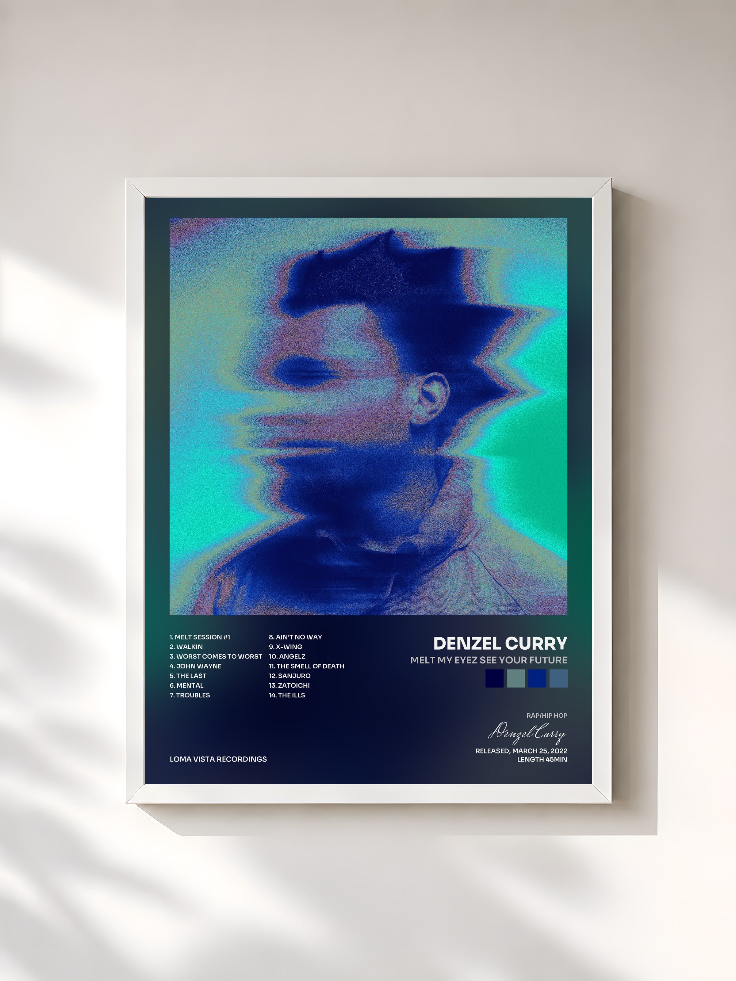 #blanc Tableau de l'album Melt My Eyez See Your Future de Denzel Curry, cadre blanc, imprimé et encadré en France