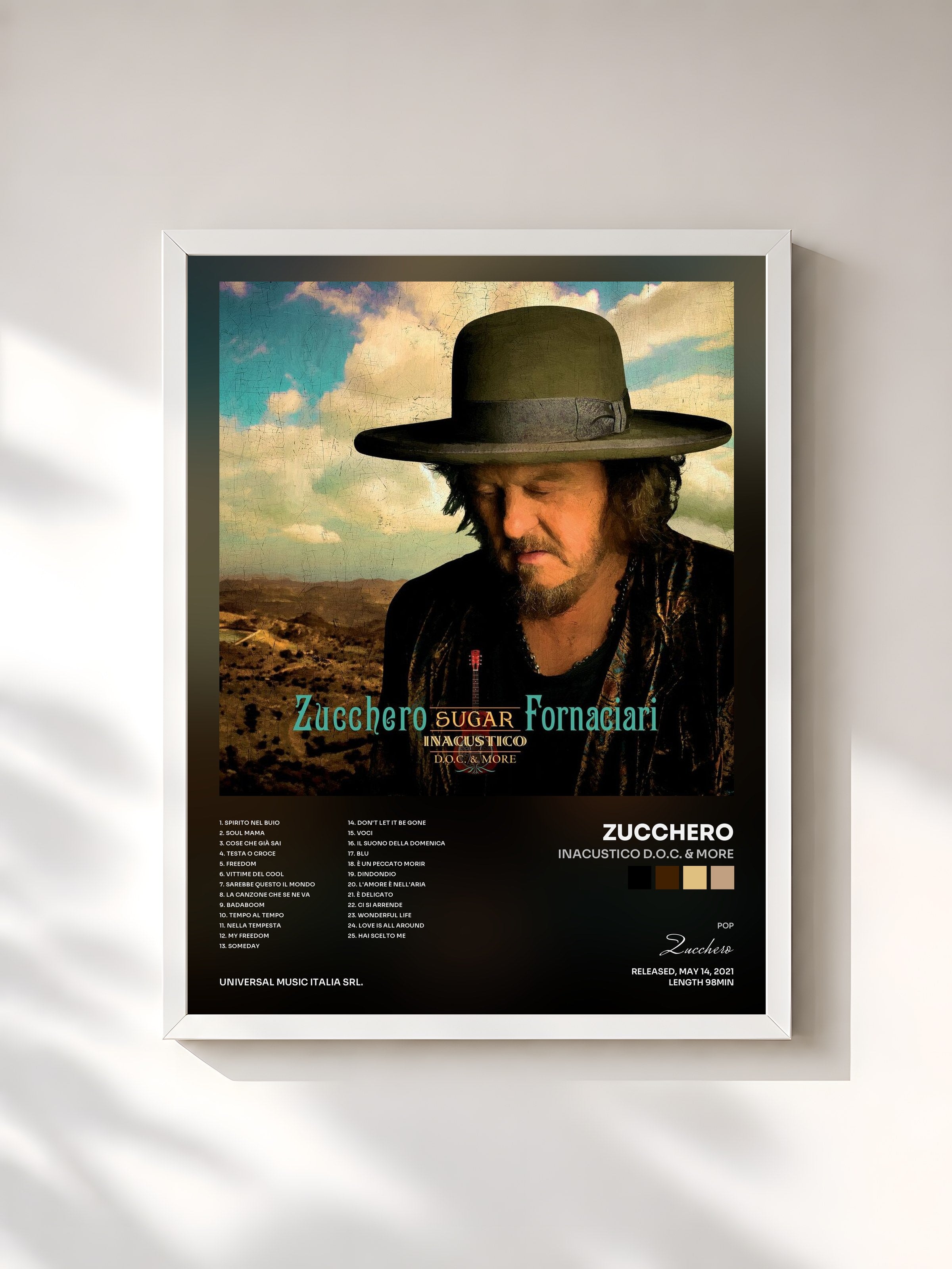 #blanc Tableau de l'album INACUSTICO D.O.C. & MORE de Zucchero, cadre blanc, imprimé et encadré en France