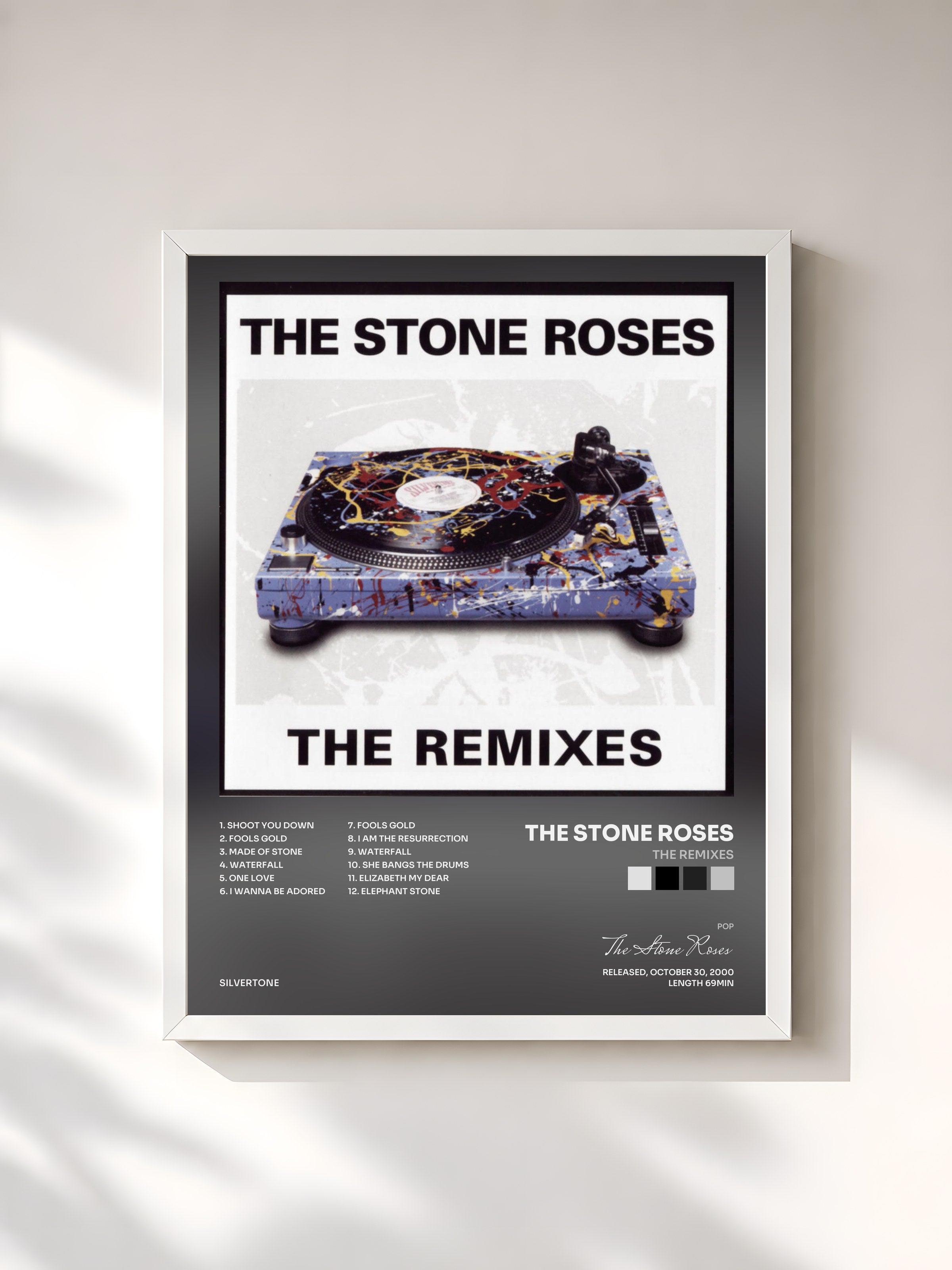 #blanc Tableau de l'album The Remixes de The Stone Roses, cadre blanc, imprimé et encadré en France