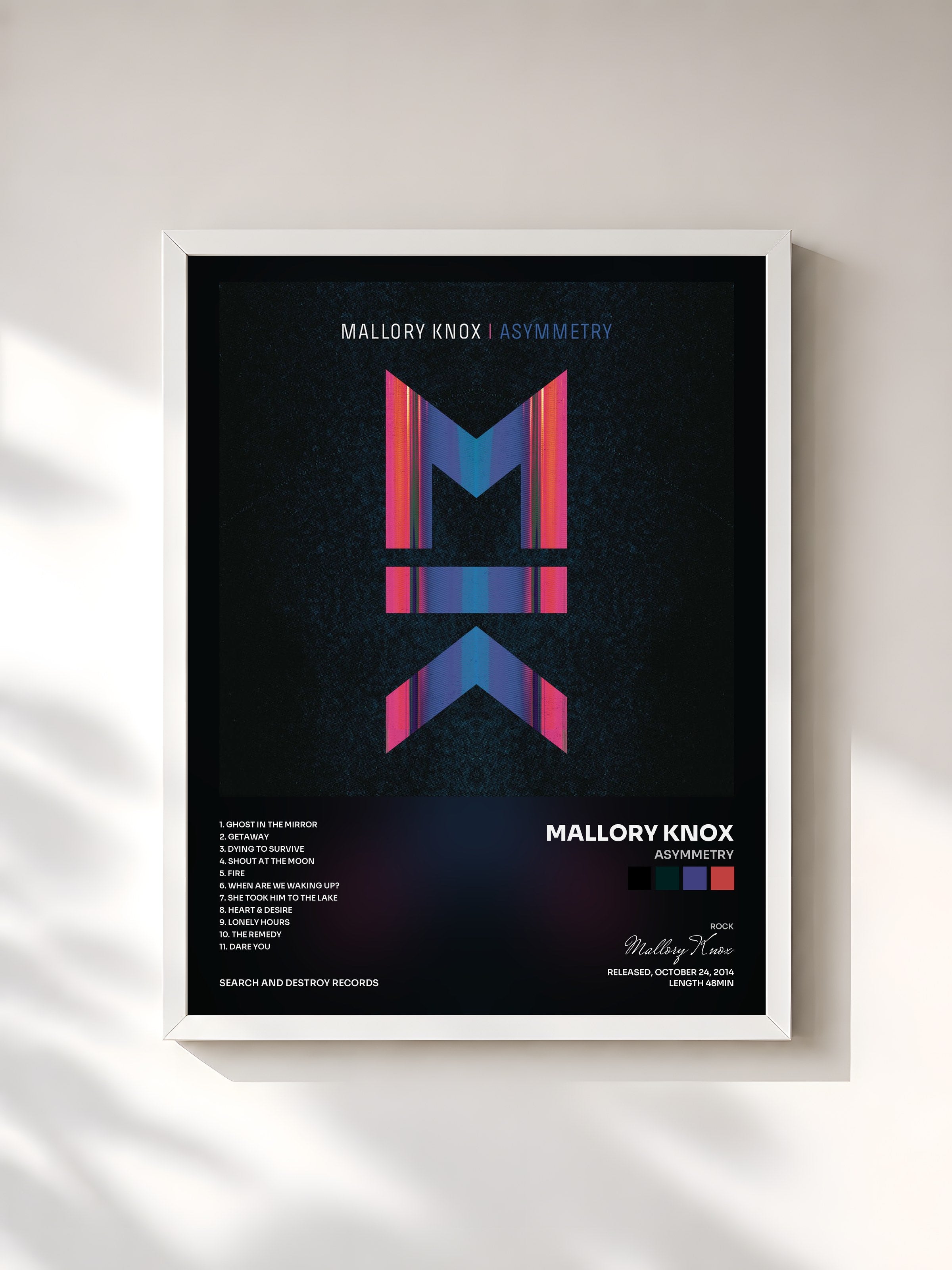 #blanc Tableau de l'album Asymmetry de Mallory Knox, cadre blanc, imprimé et encadré en France