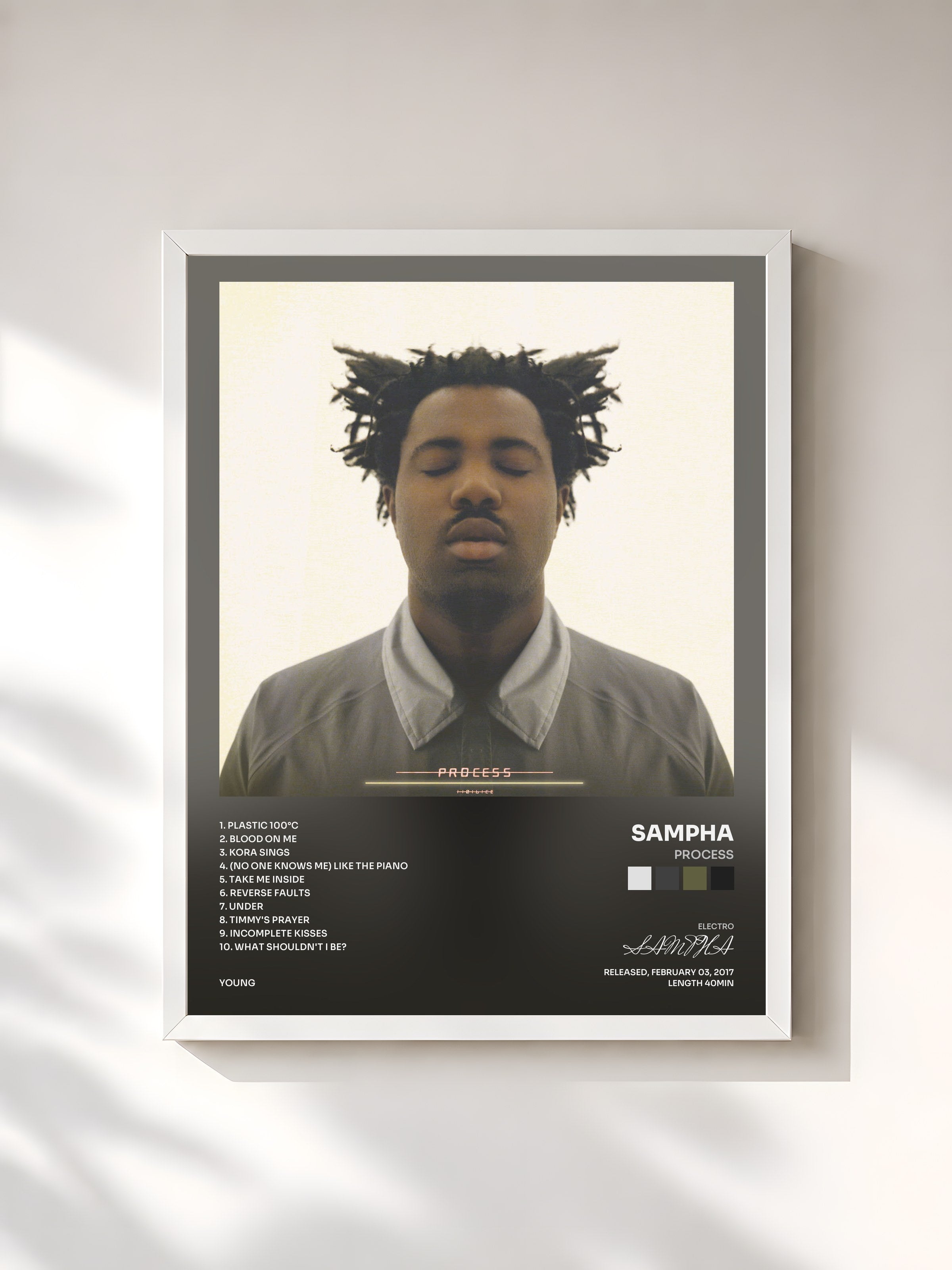 #blanc Tableau de l'album Process de SAMPHA, cadre blanc, imprimé et encadré en France