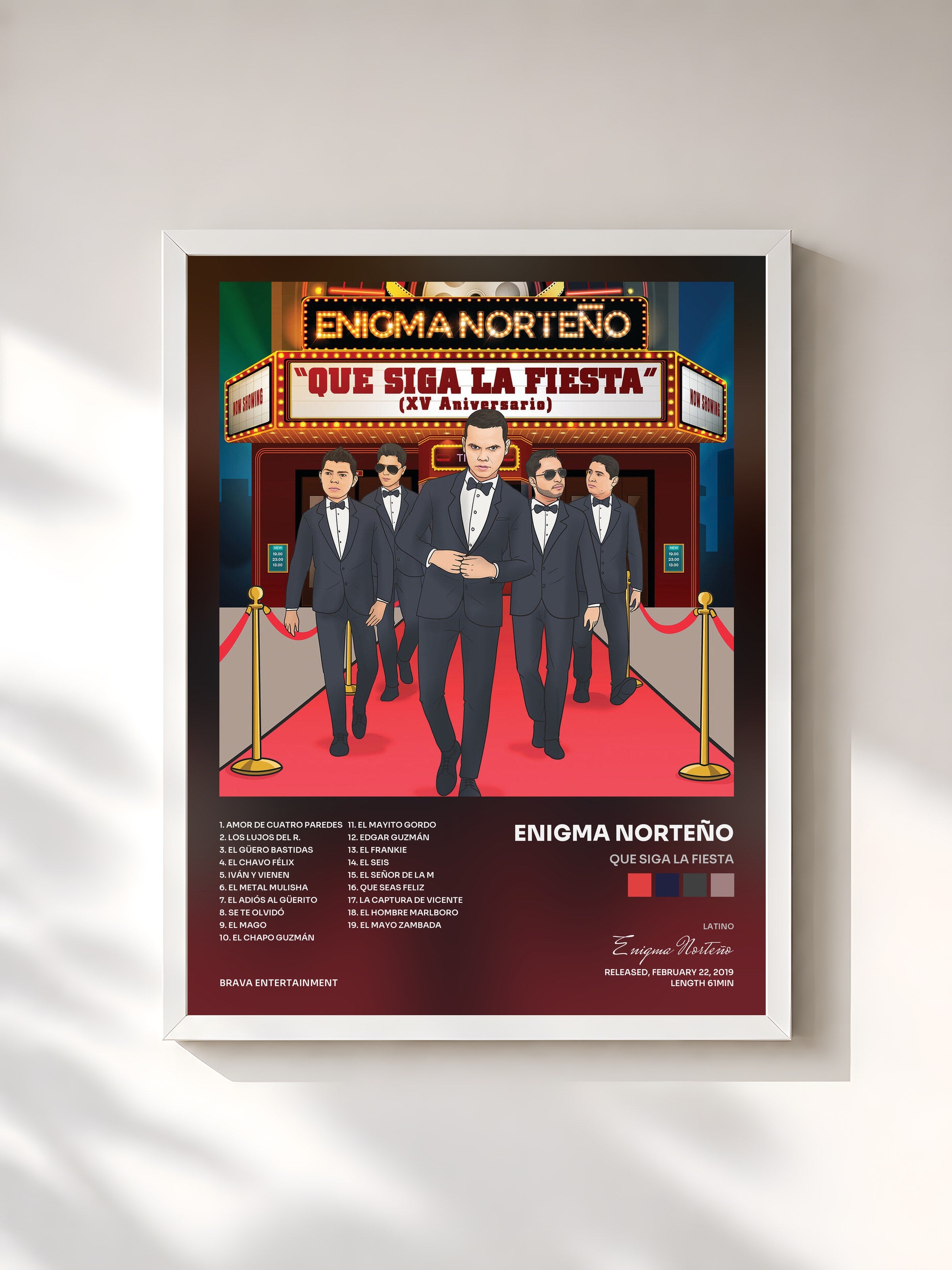 #blanc Tableau de l'album Que Siga La Fiesta de Enigma Norteño, cadre blanc, imprimé et encadré en France