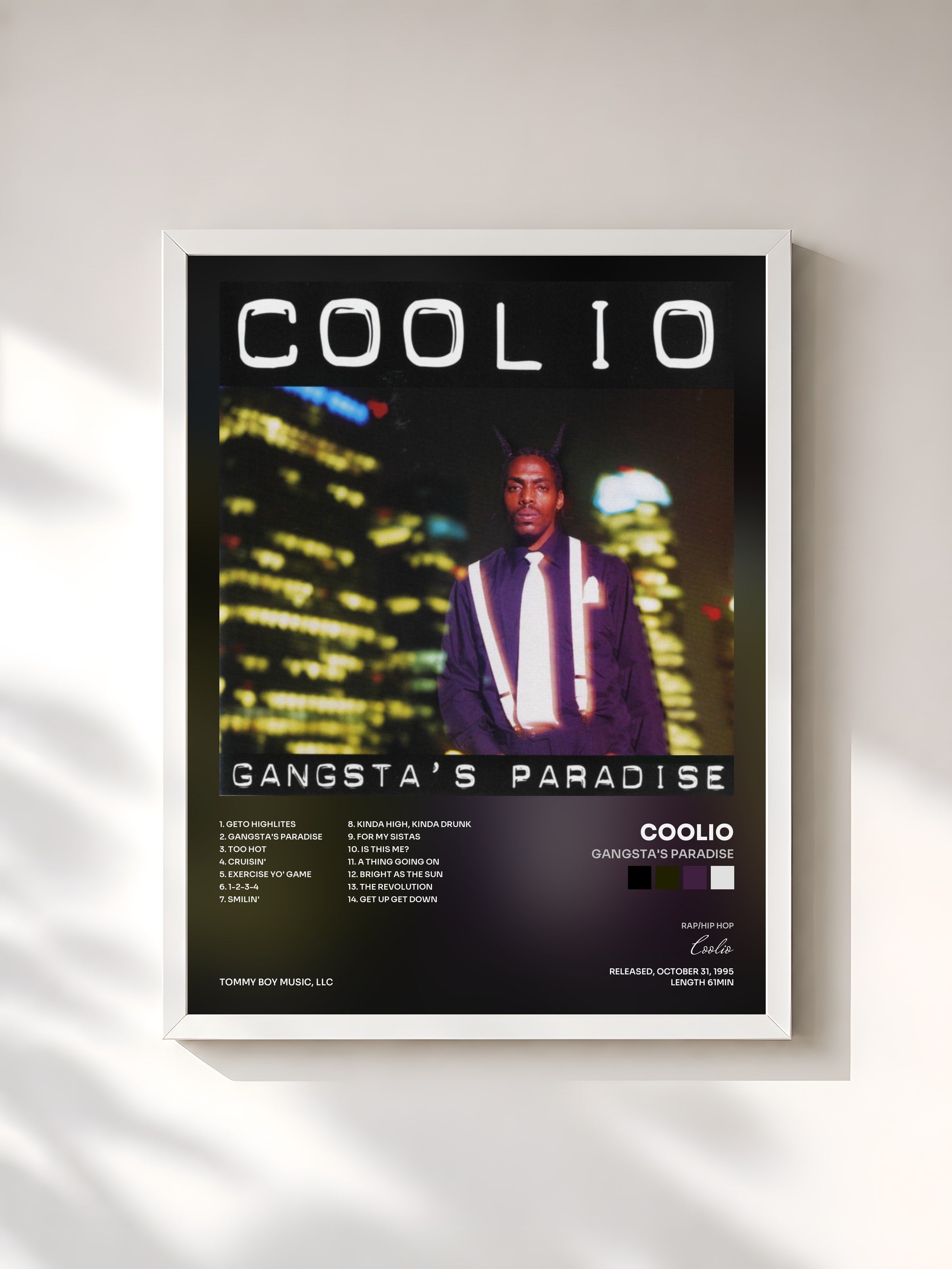 #blanc Tableau de l'album Gangsta's Paradise de Coolio, cadre blanc, imprimé et encadré en France