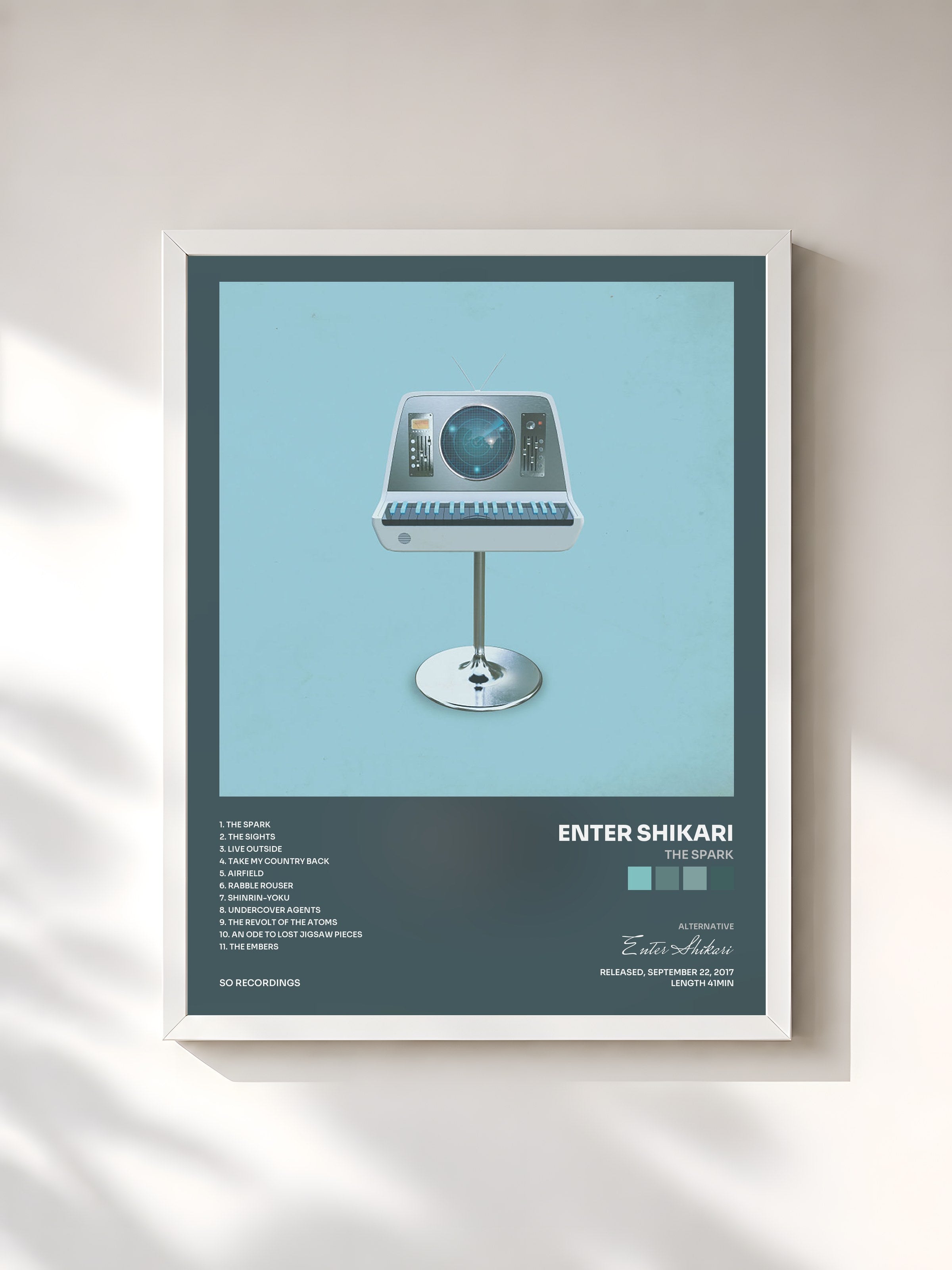 #blanc Tableau de l'album The Spark de Enter Shikari, cadre blanc, imprimé et encadré en France