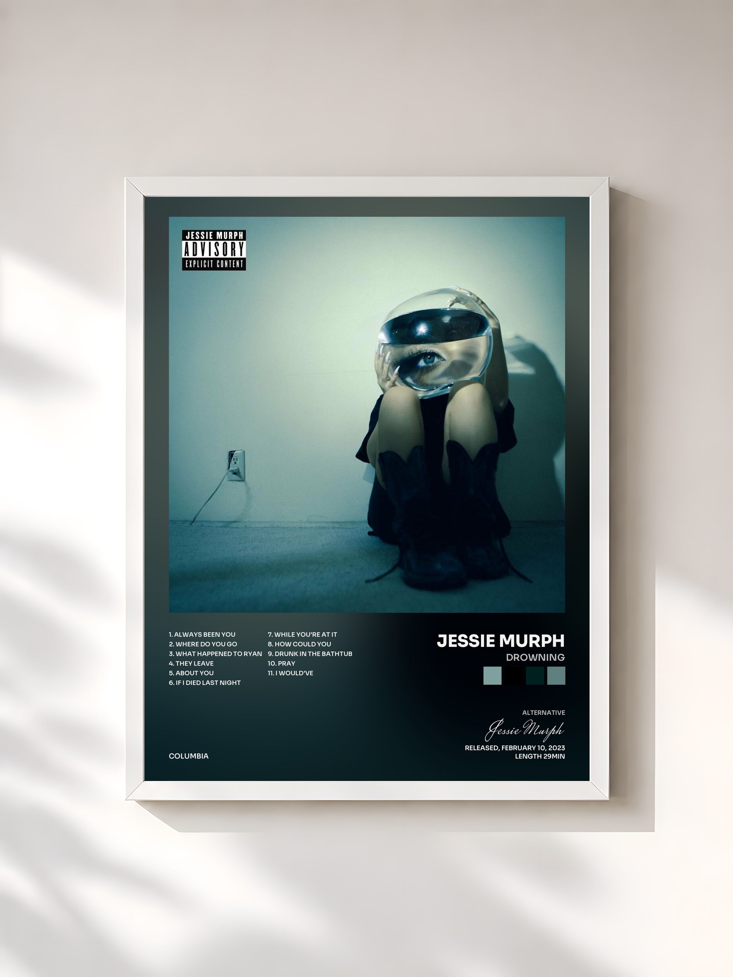 #blanc Tableau de l'album drowning de Jessie Murph, cadre blanc, imprimé et encadré en France