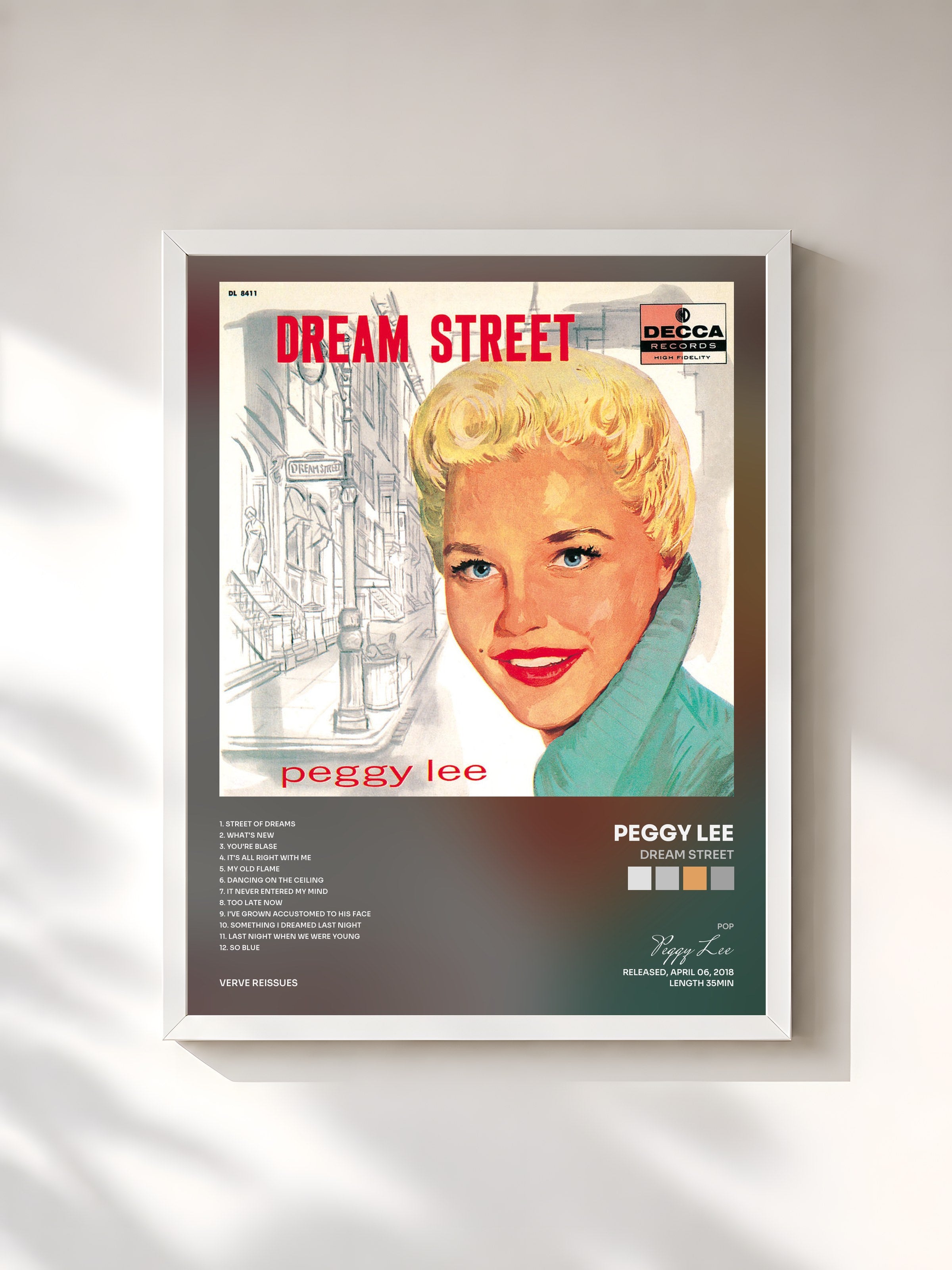 #blanc Tableau de l'album Dream Street de Peggy Lee, cadre blanc, imprimé et encadré en France