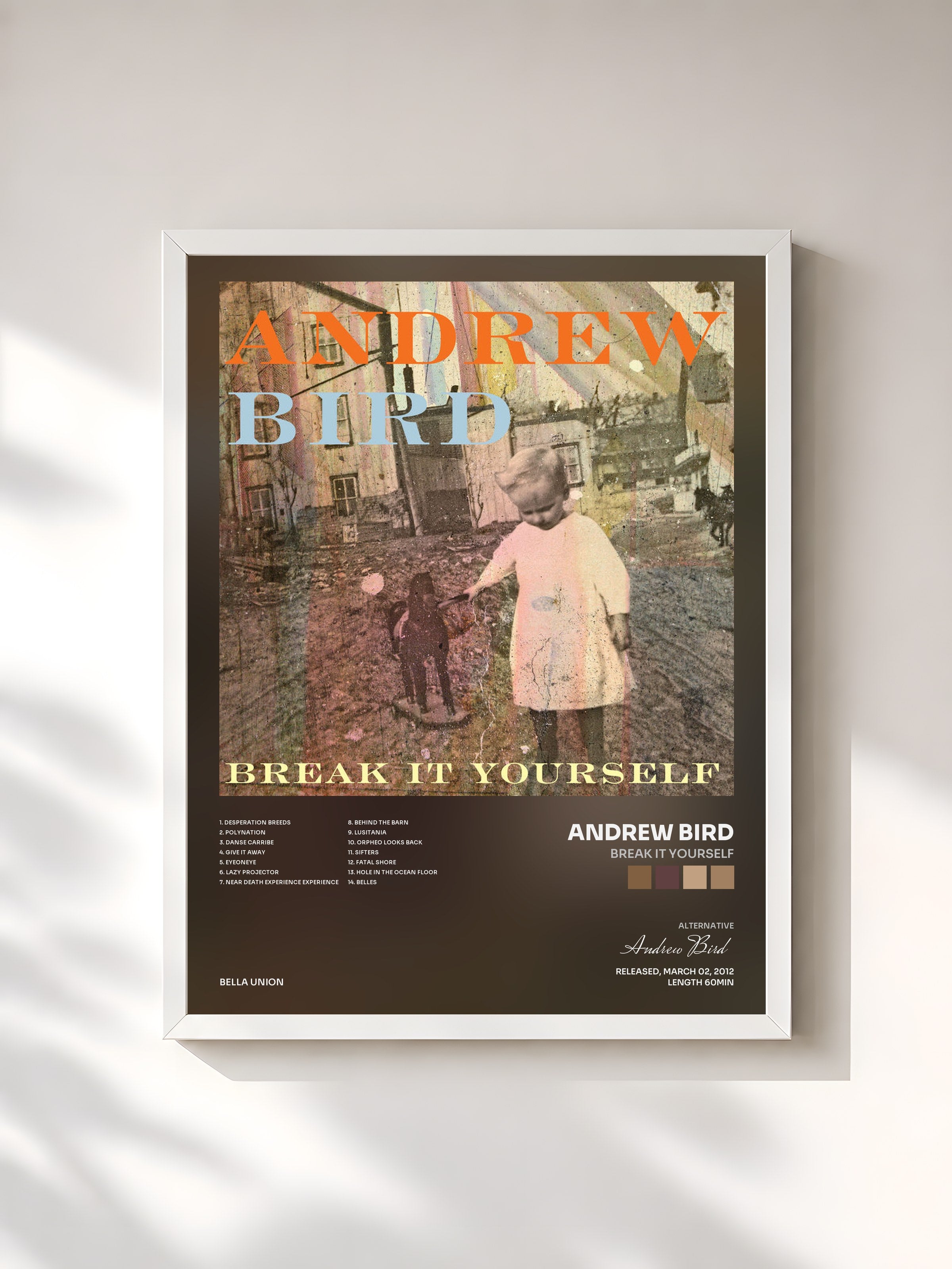 #blanc Tableau de l'album Break It Yourself de Andrew Bird, cadre blanc, imprimé et encadré en France