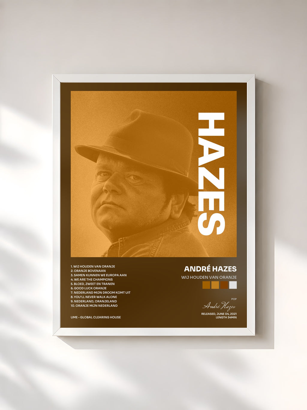 #blanc Tableau de l'album Wij Houden Van Oranje de André Hazes, cadre blanc, imprimé et encadré en France