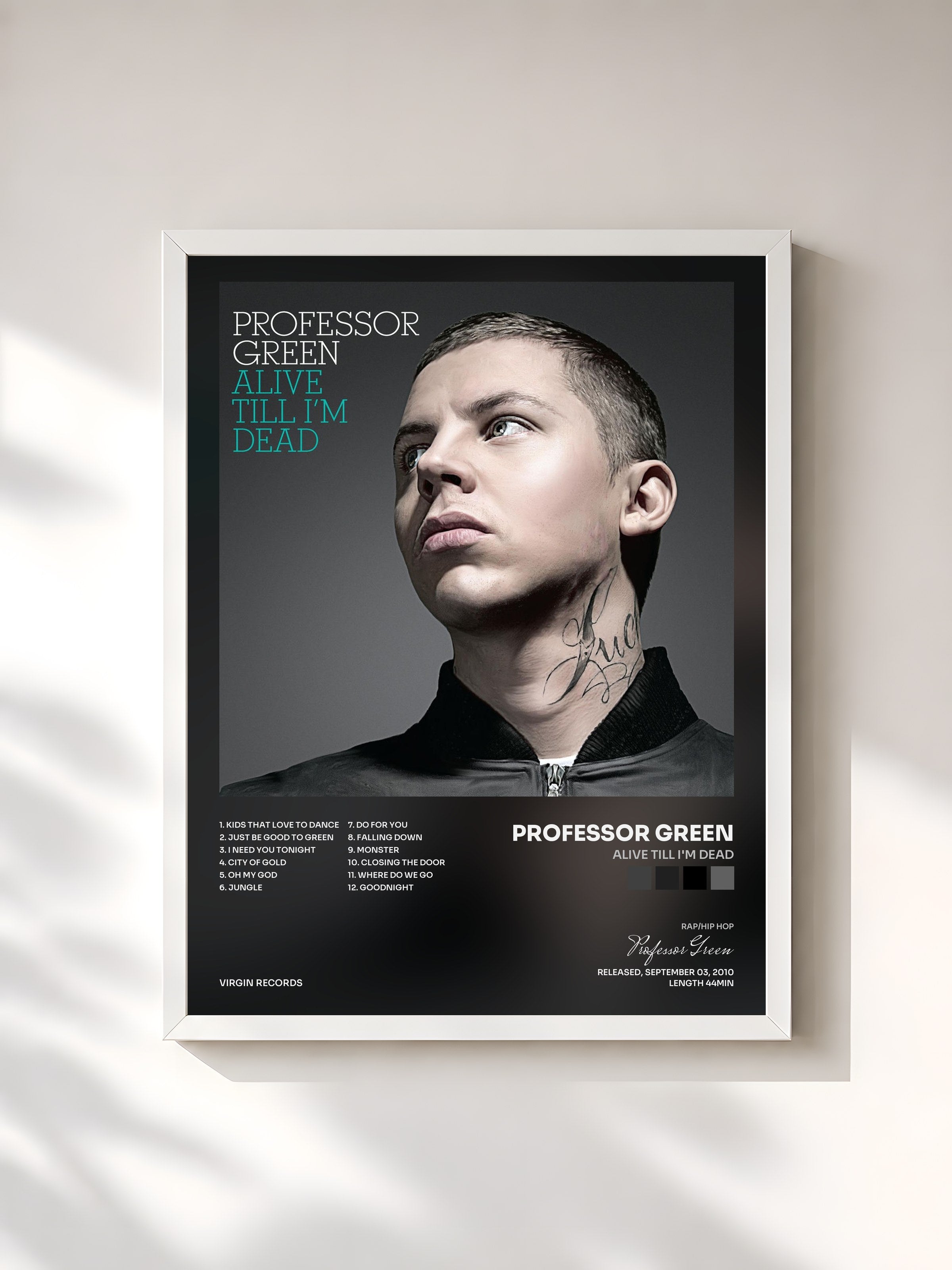 #blanc Tableau de l'album Alive Till I'm Dead de Professor Green, cadre blanc, imprimé et encadré en France