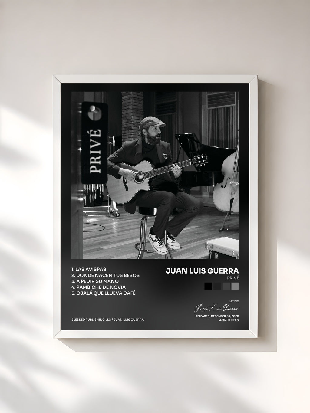 #blanc Tableau de l'album Privé de Juan Luis Guerra, cadre blanc, imprimé et encadré en France