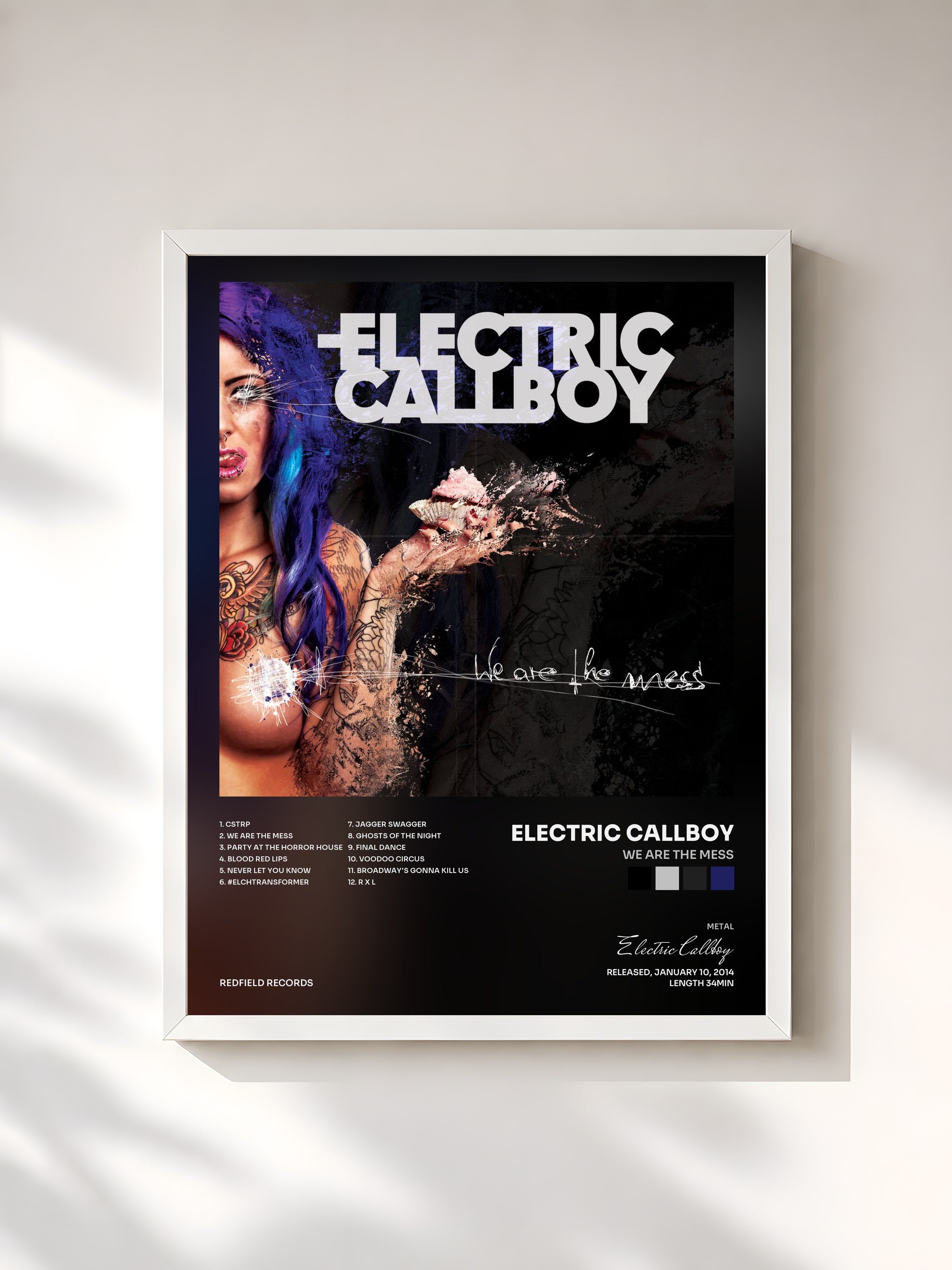 #blanc Tableau de l'album We Are the Mess de Electric Callboy, cadre blanc, imprimé et encadré en France