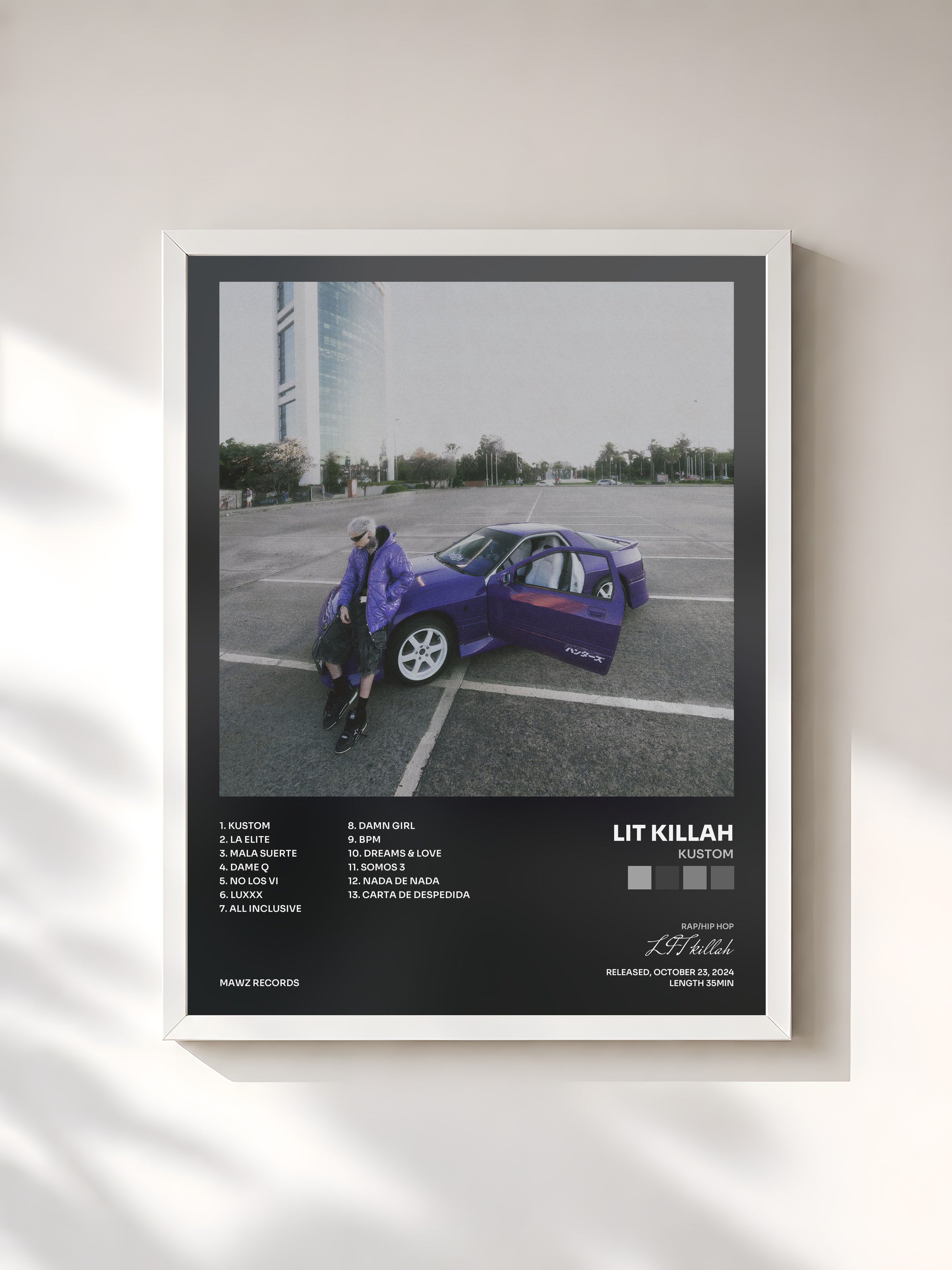 #blanc Tableau de l'album KUSTOM de LIT killah, cadre blanc, imprimé et encadré en France