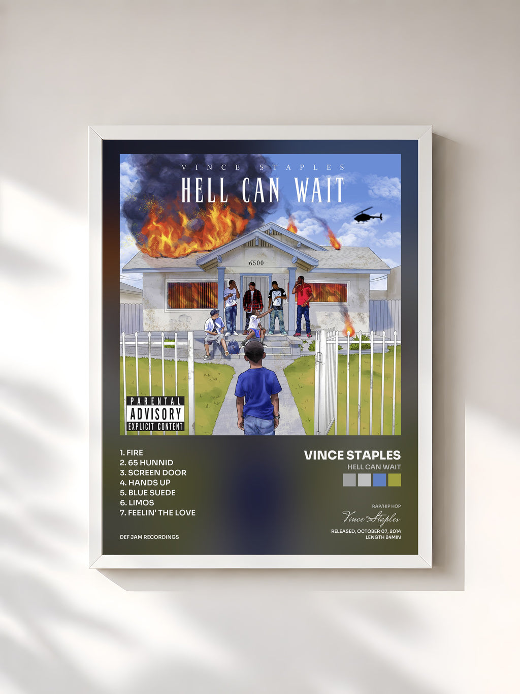 #blanc Tableau de l'album Hell Can Wait de Vince Staples, cadre blanc, imprimé et encadré en France