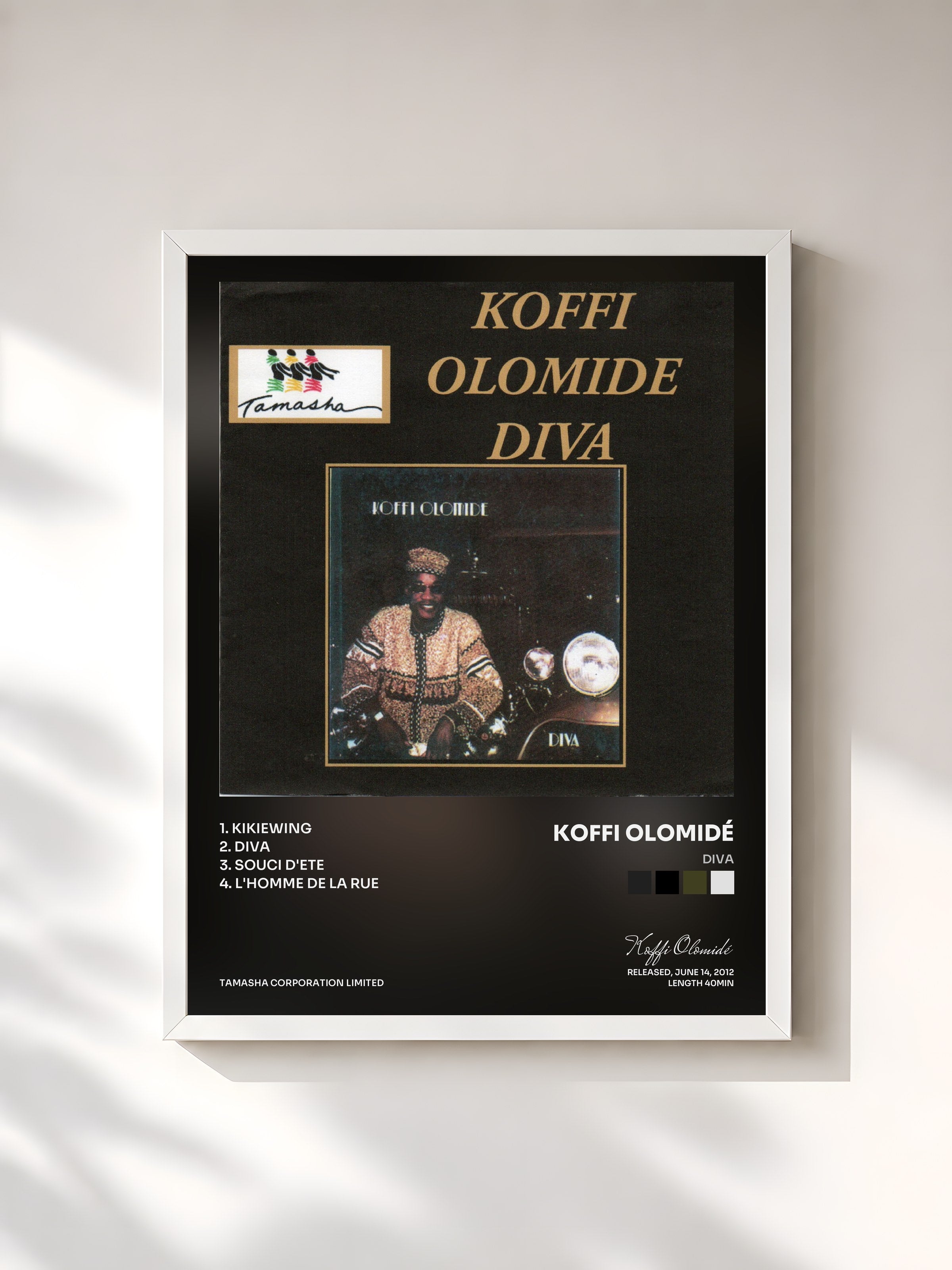 #blanc Tableau de l'album Diva de Koffi Olomidé, cadre blanc, imprimé et encadré en France