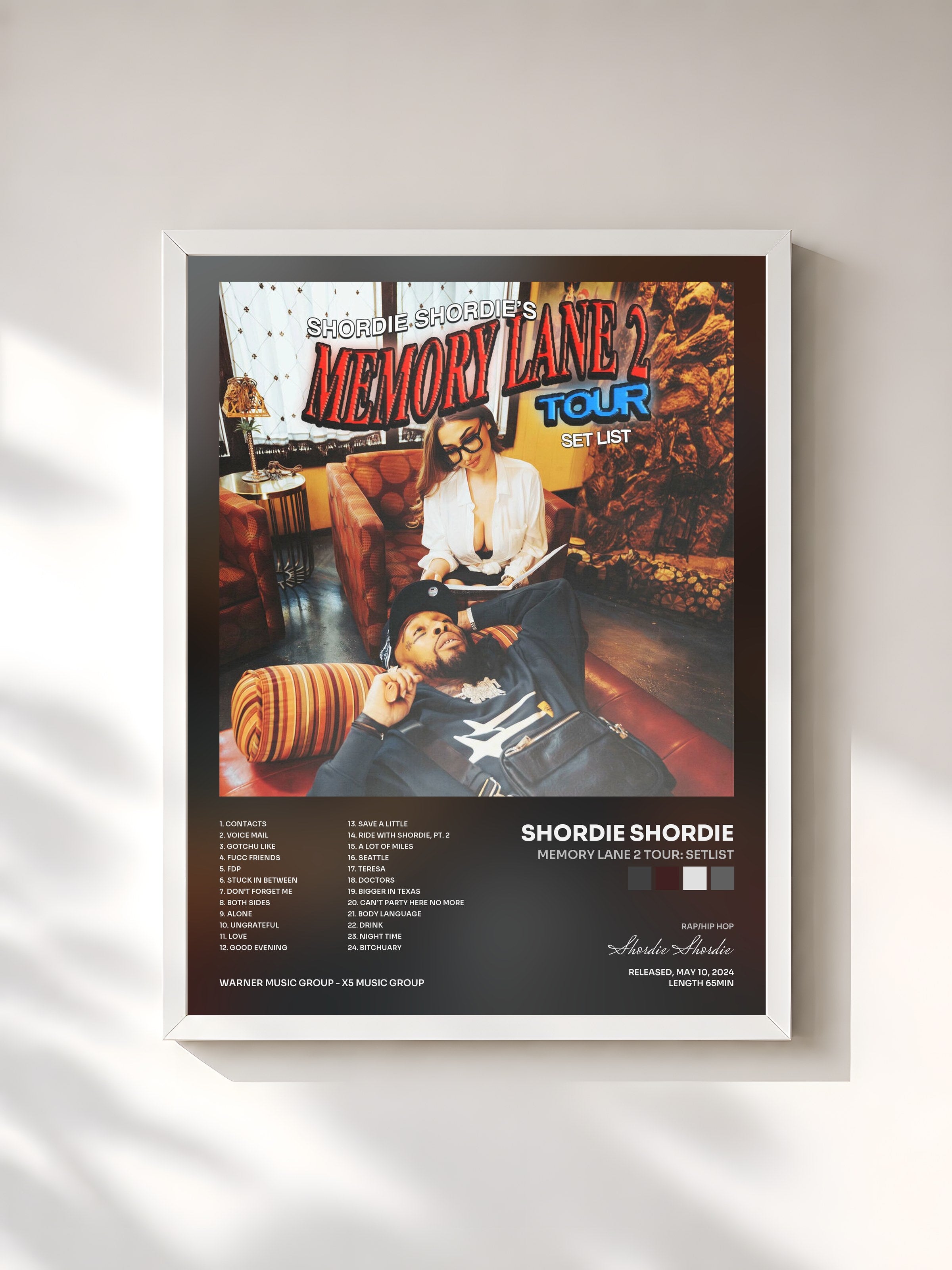 #blanc Tableau de l'album Memory Lane 2 Tour: Setlist de Shordie Shordie, cadre blanc, imprimé et encadré en France