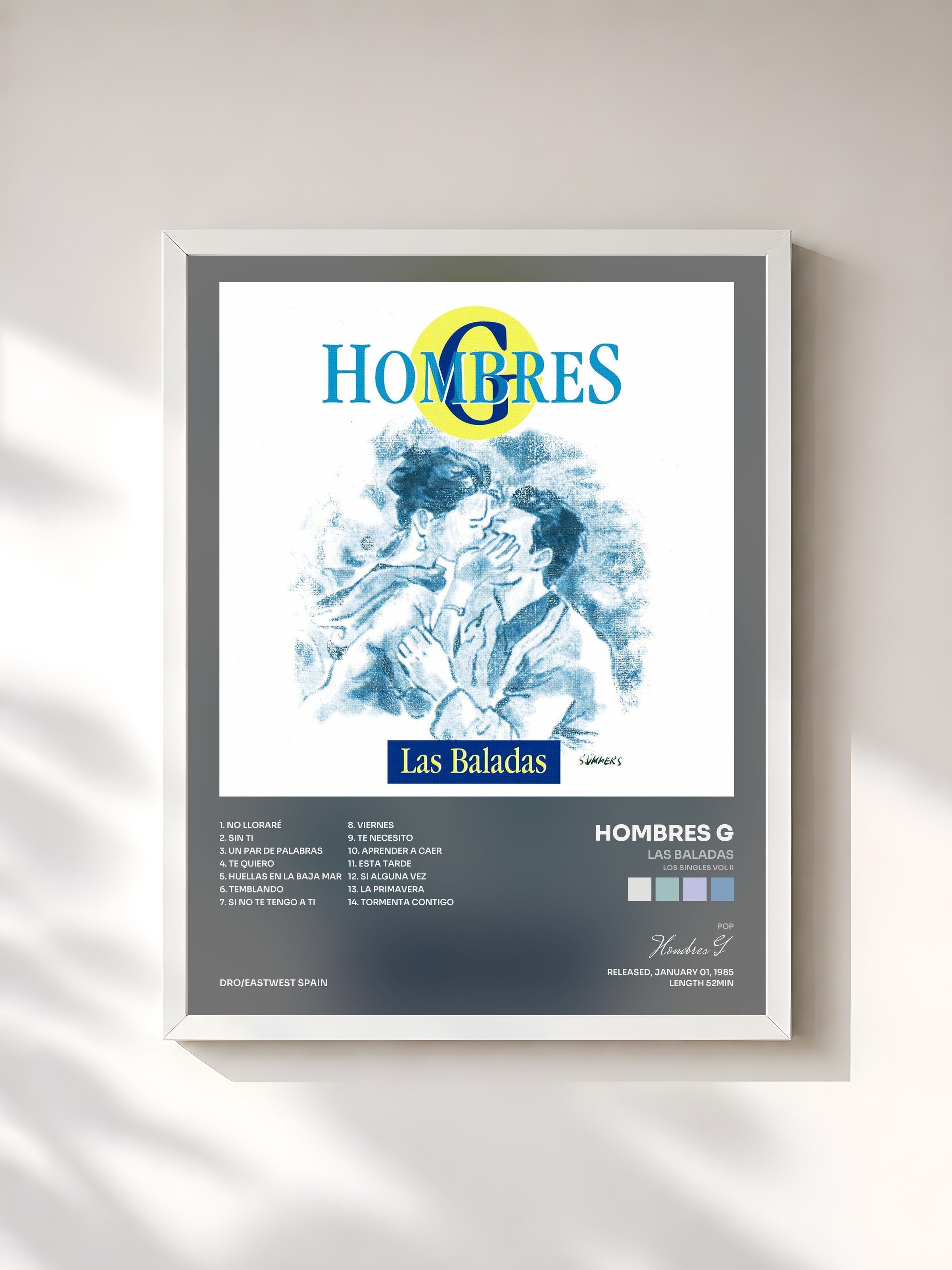#blanc Tableau de l'album Las baladas (Los singles vol II) de Hombres G, cadre blanc, imprimé et encadré en France
