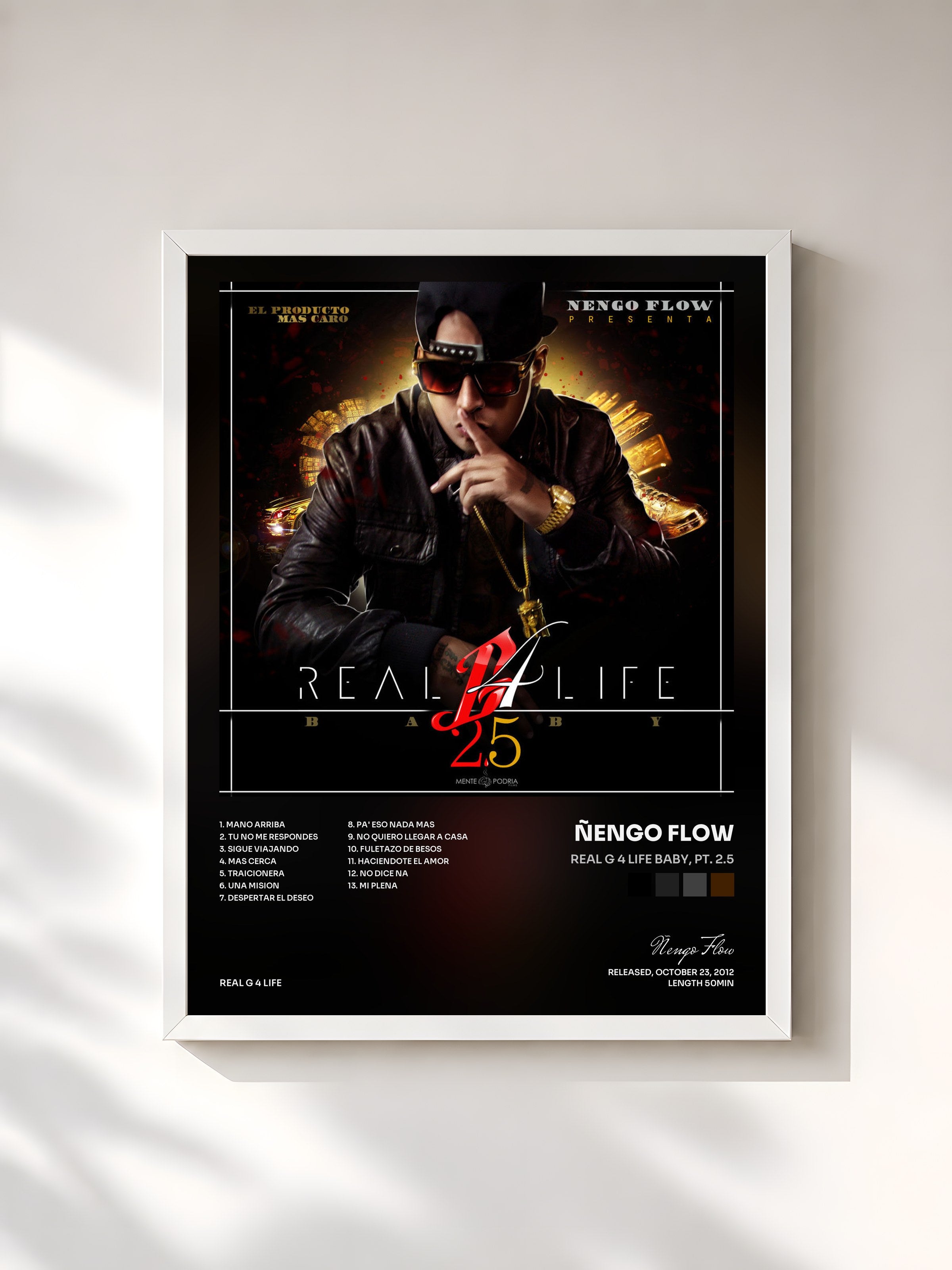 #blanc Tableau de l'album Real G 4 Life Baby, Pt. 2.5 de Ñengo Flow, cadre blanc, imprimé et encadré en France
