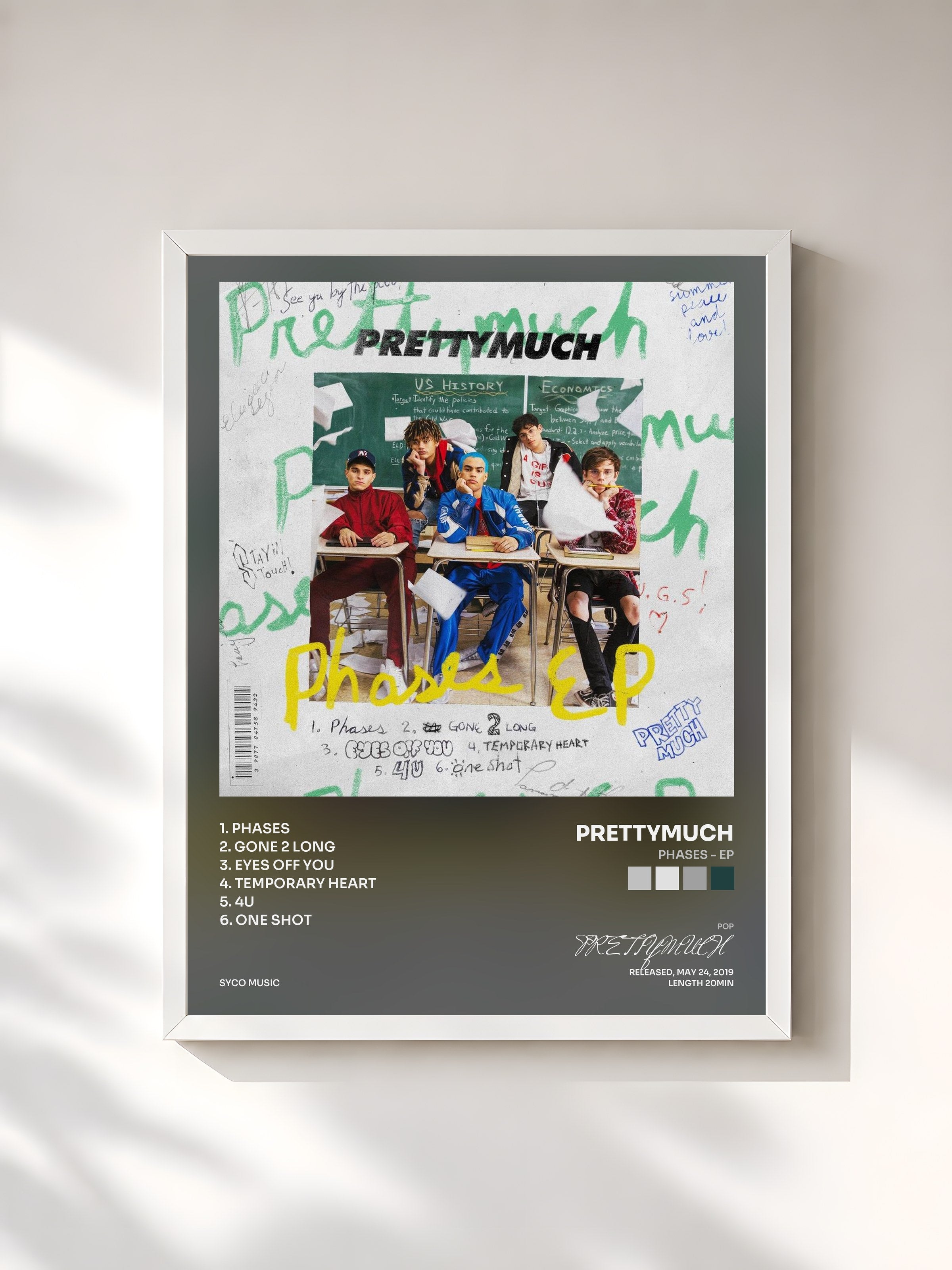 #blanc Tableau de l'album Phases - EP de PRETTYMUCH, cadre blanc, imprimé et encadré en France