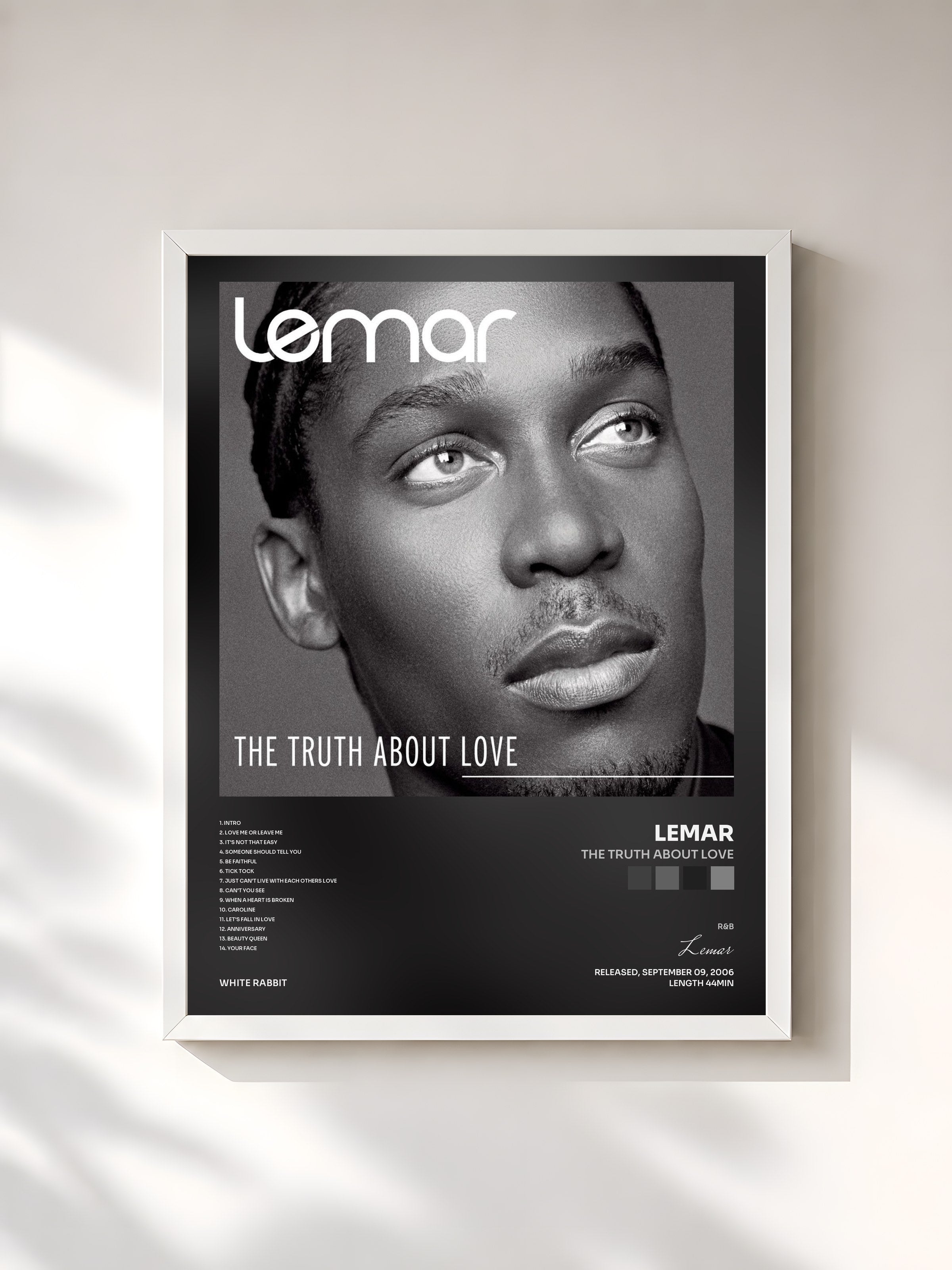 #blanc Tableau de l'album The Truth About Love de Lemar, cadre blanc, imprimé et encadré en France