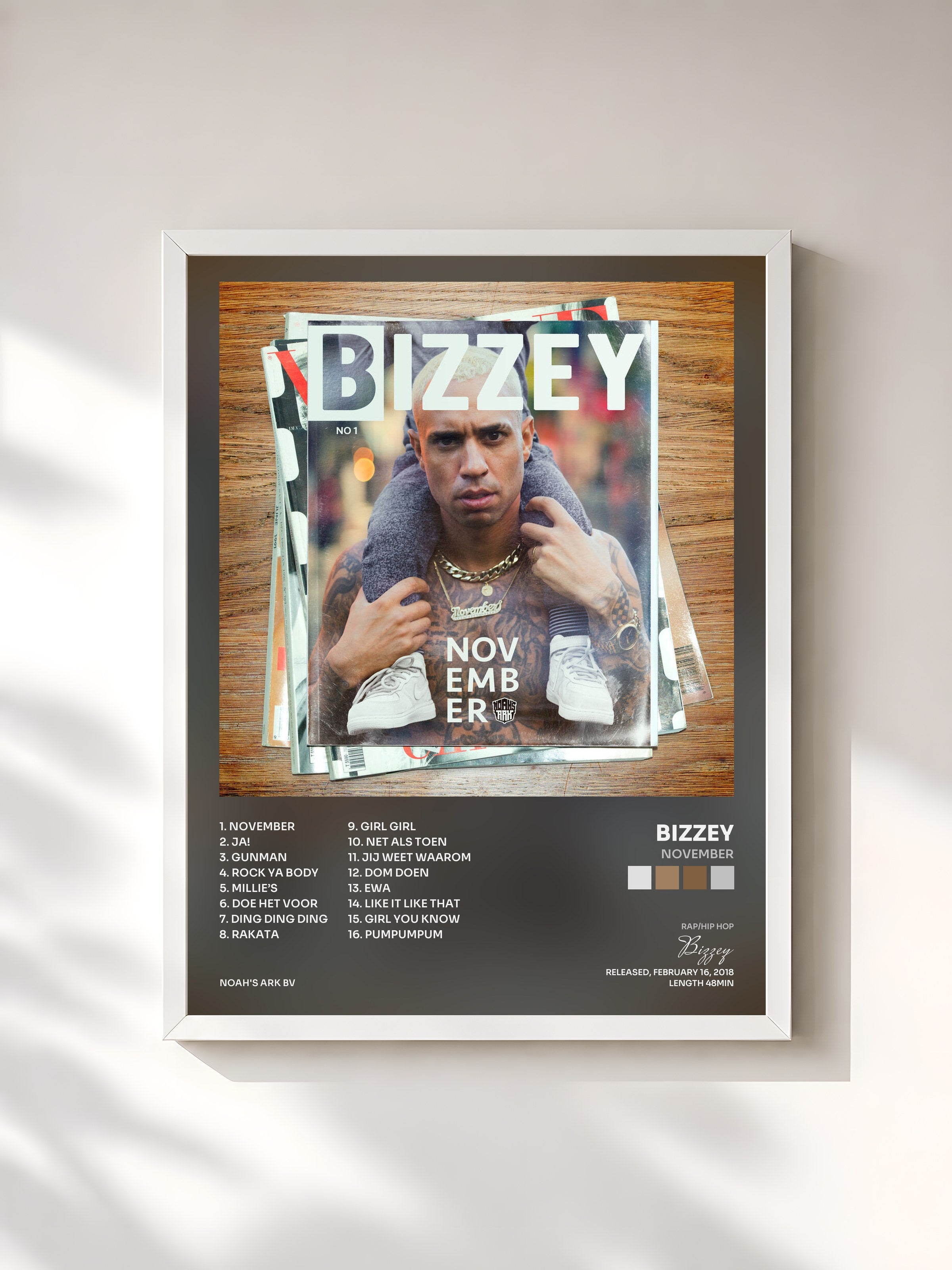 #blanc Tableau de l'album November de Bizzey, cadre blanc, imprimé et encadré en France