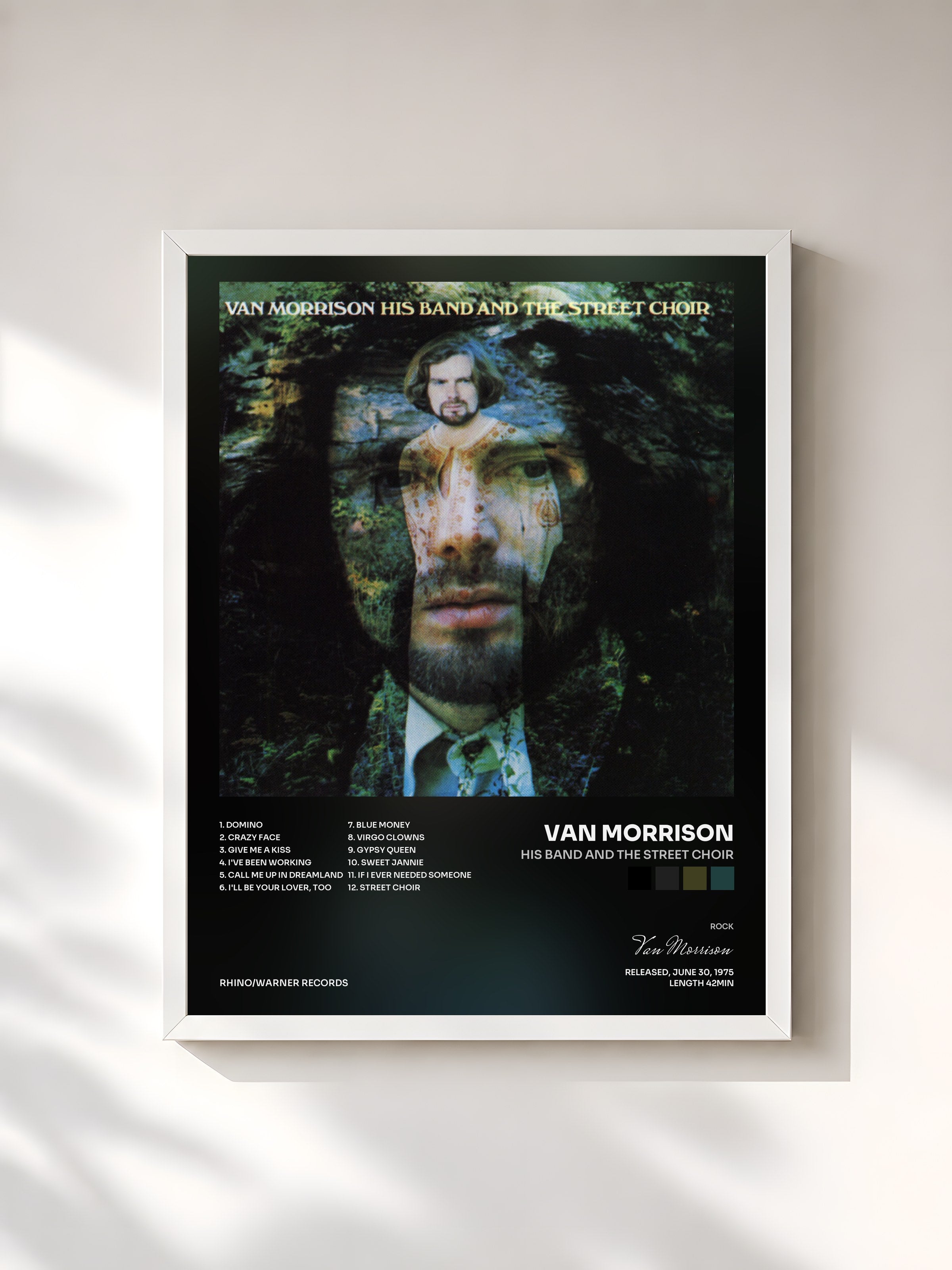 #blanc Tableau de l'album His Band and the Street Choir de Van Morrison, cadre blanc, imprimé et encadré en France