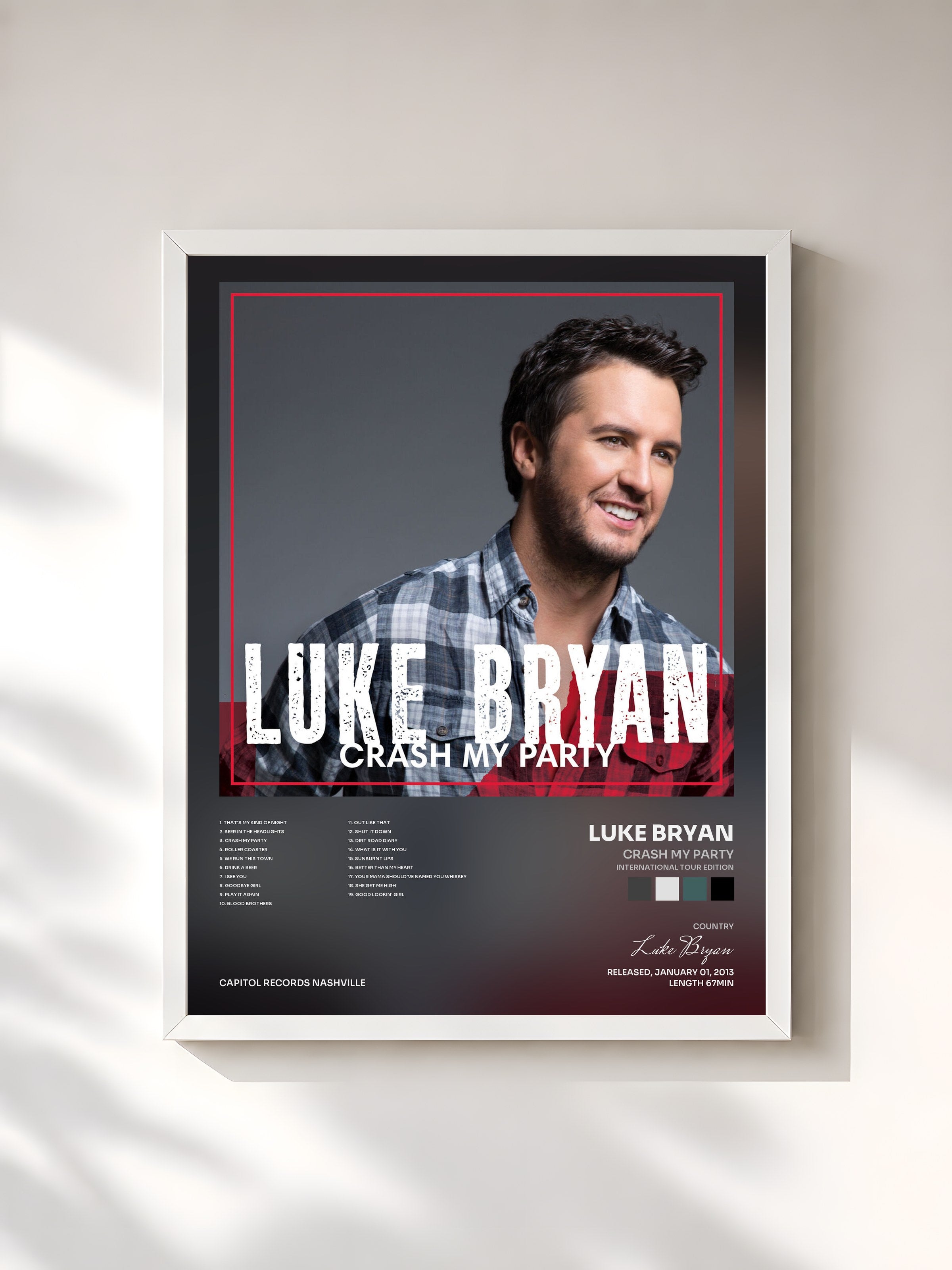 #blanc Tableau de l'album Crash My Party (International Tour Edition) de Luke Bryan, cadre blanc, imprimé et encadré en France