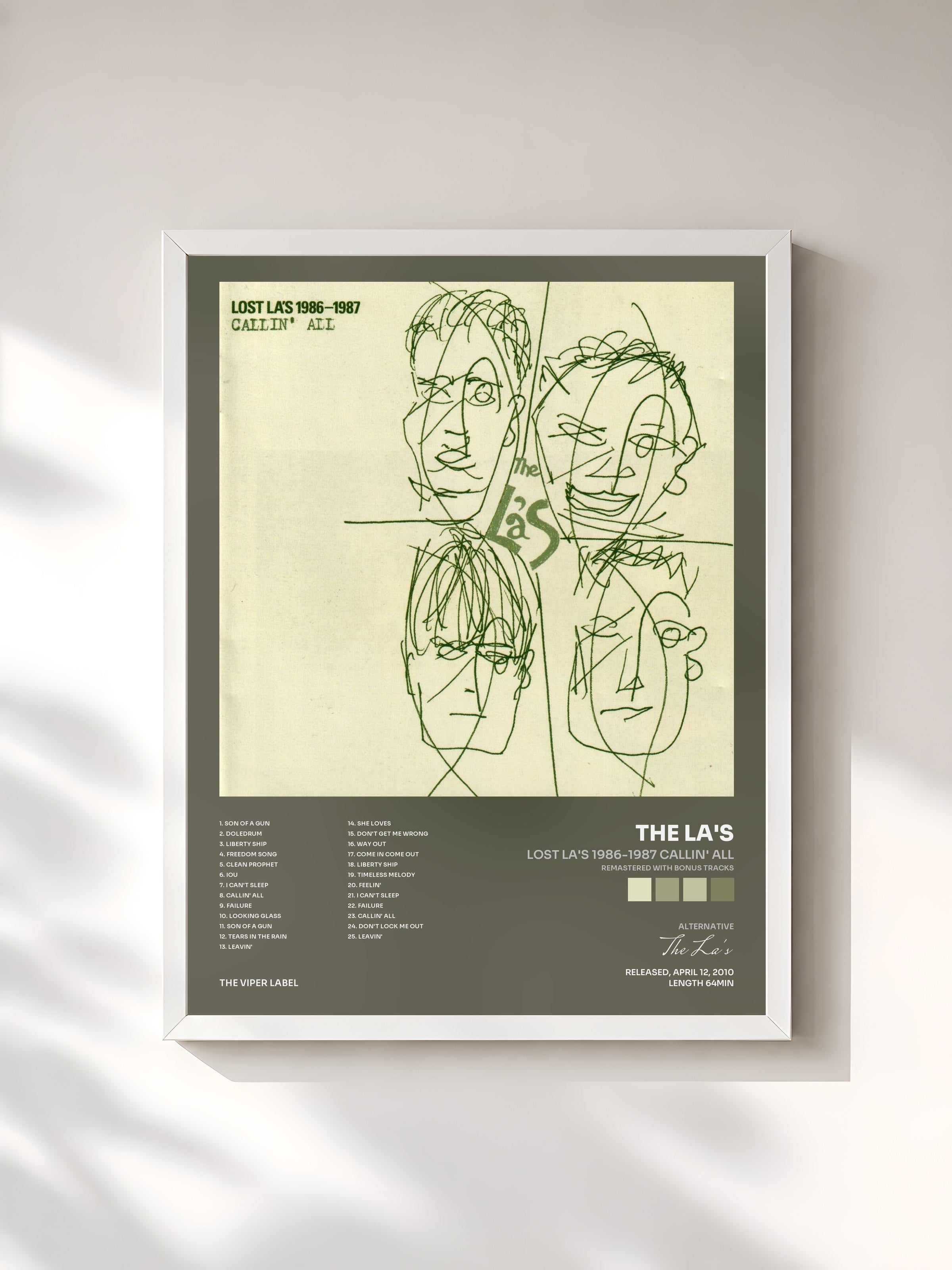 #blanc Tableau de l'album Lost La's 1986-1987 Callin' All (Remastered with Bonus Tracks) de The La's, cadre blanc, imprimé et encadré en France