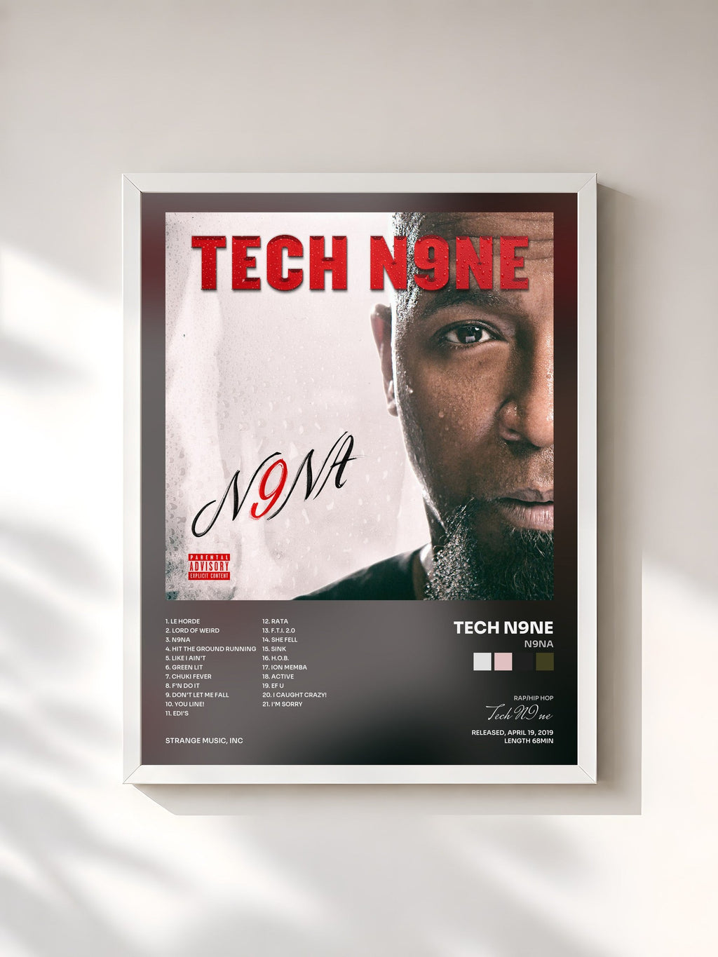 #blanc Tableau de l'album N9NA de Tech N9ne, cadre blanc, imprimé et encadré en France