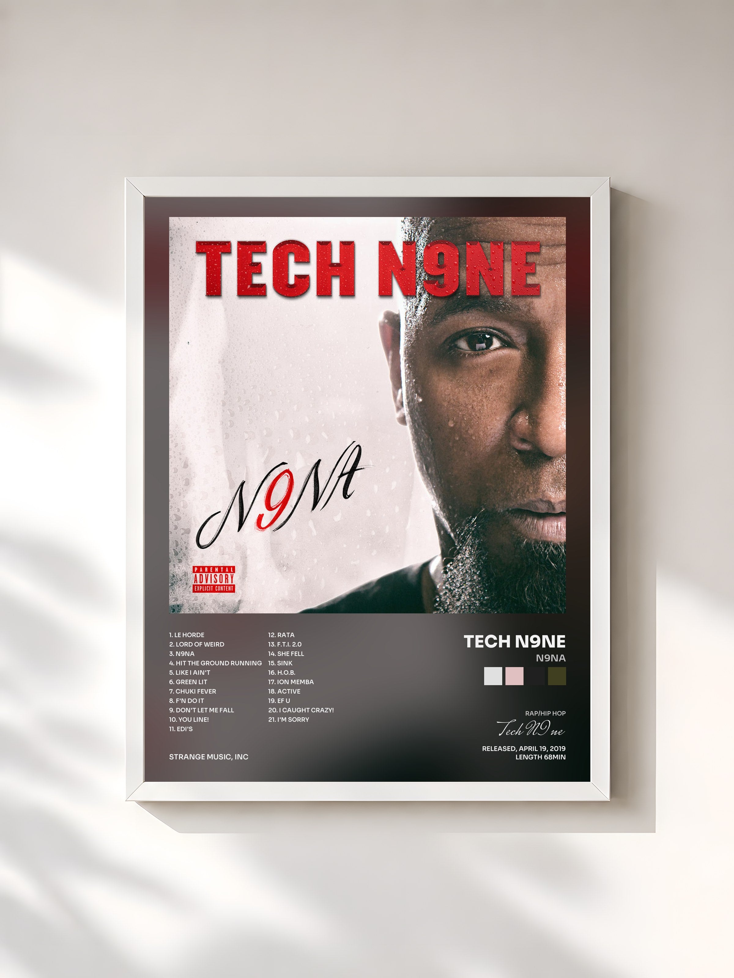 #blanc Tableau de l'album N9NA de Tech N9ne, cadre blanc, imprimé et encadré en France