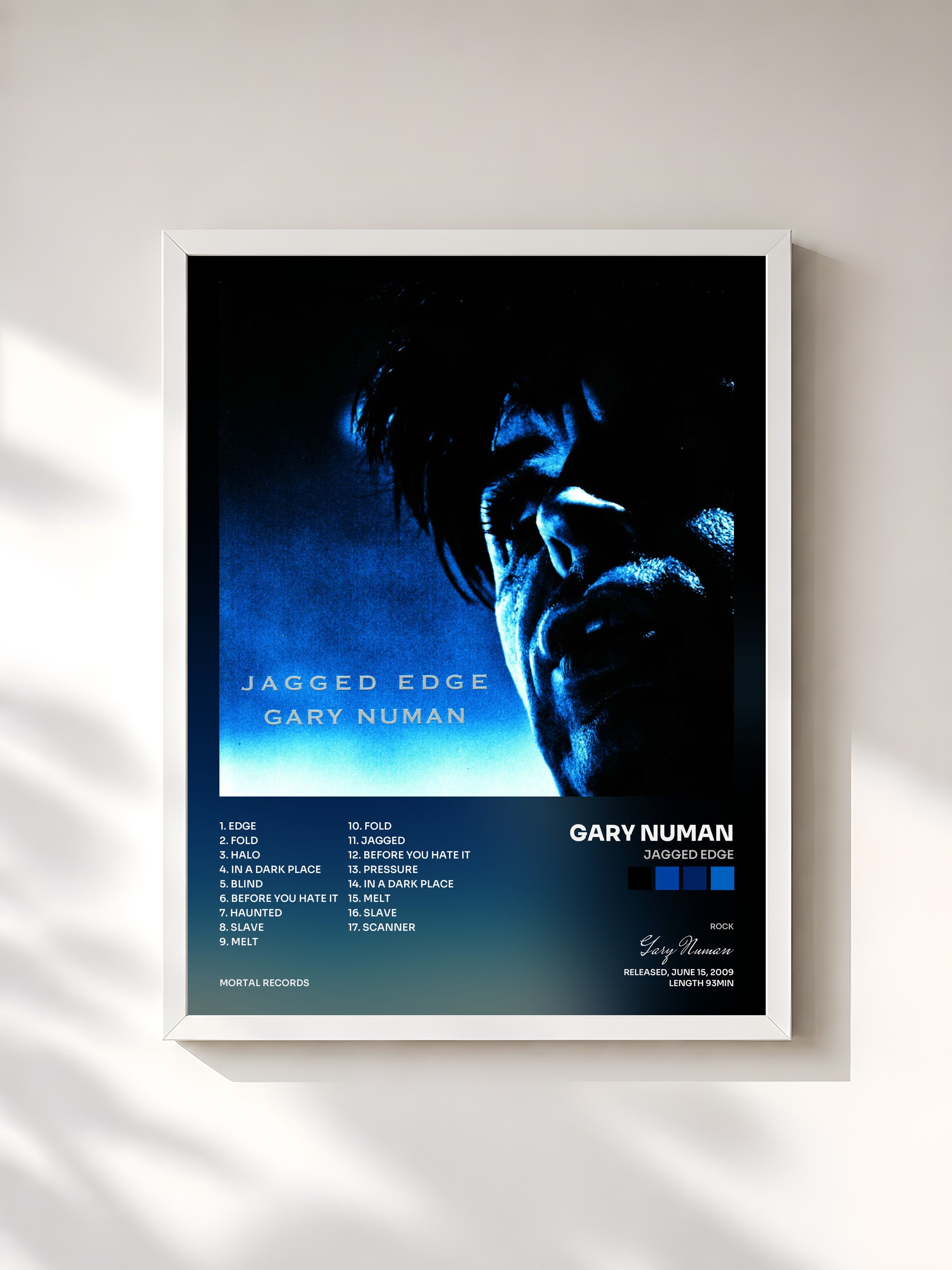 #blanc Tableau de l'album Jagged Edge de Gary Numan, cadre blanc, imprimé et encadré en France