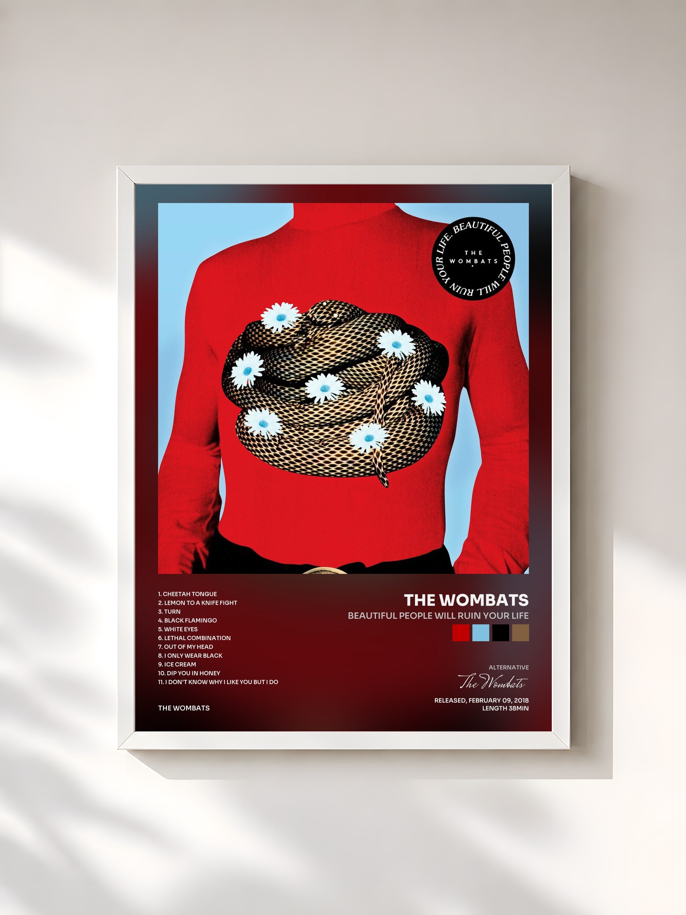 #blanc Tableau de l'album Beautiful People Will Ruin Your Life de The Wombats, cadre blanc, imprimé et encadré en France