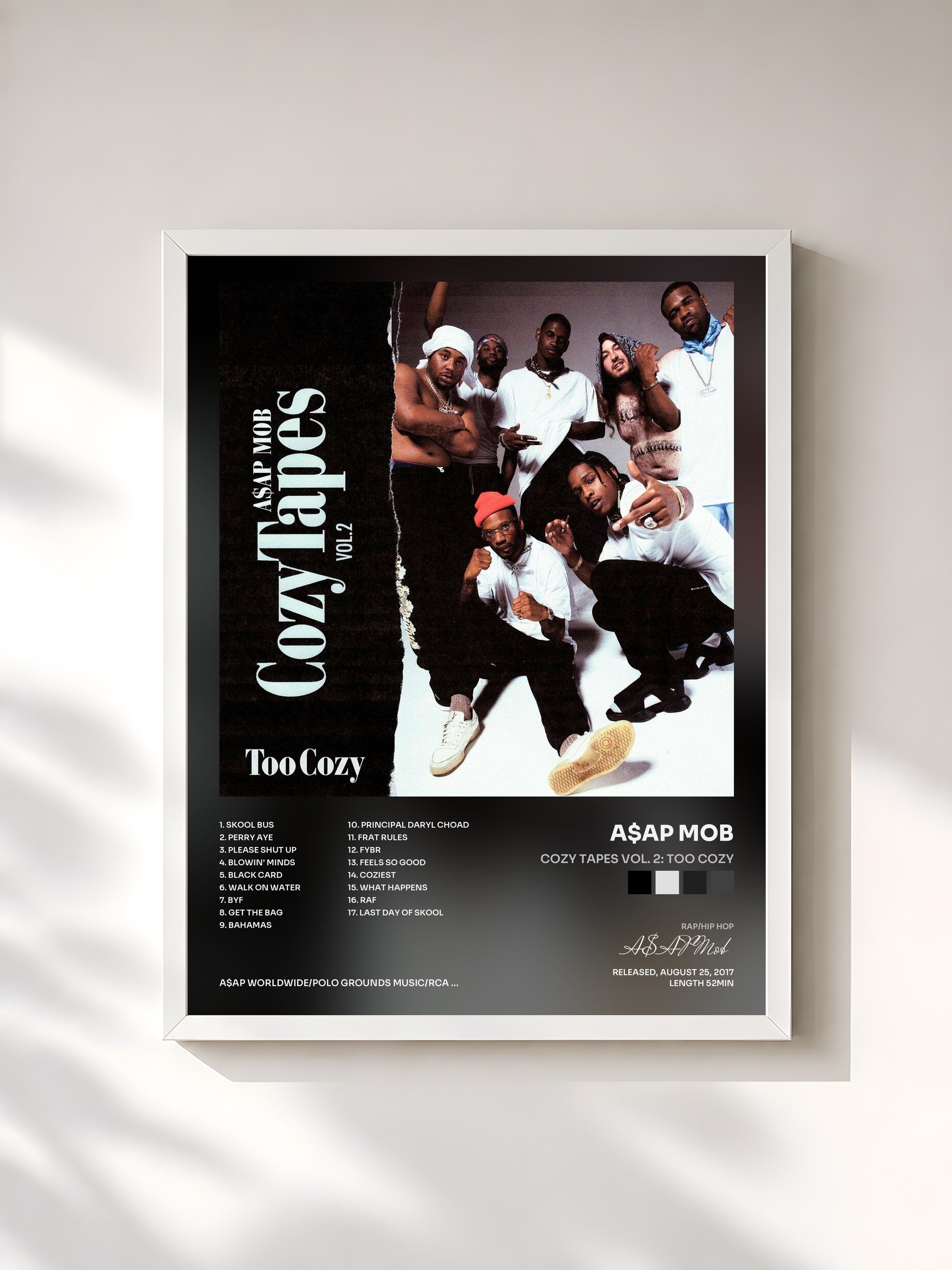 #blanc Tableau de l'album Cozy Tapes Vol. 2: Too Cozy de A$AP Mob, cadre blanc, imprimé et encadré en France