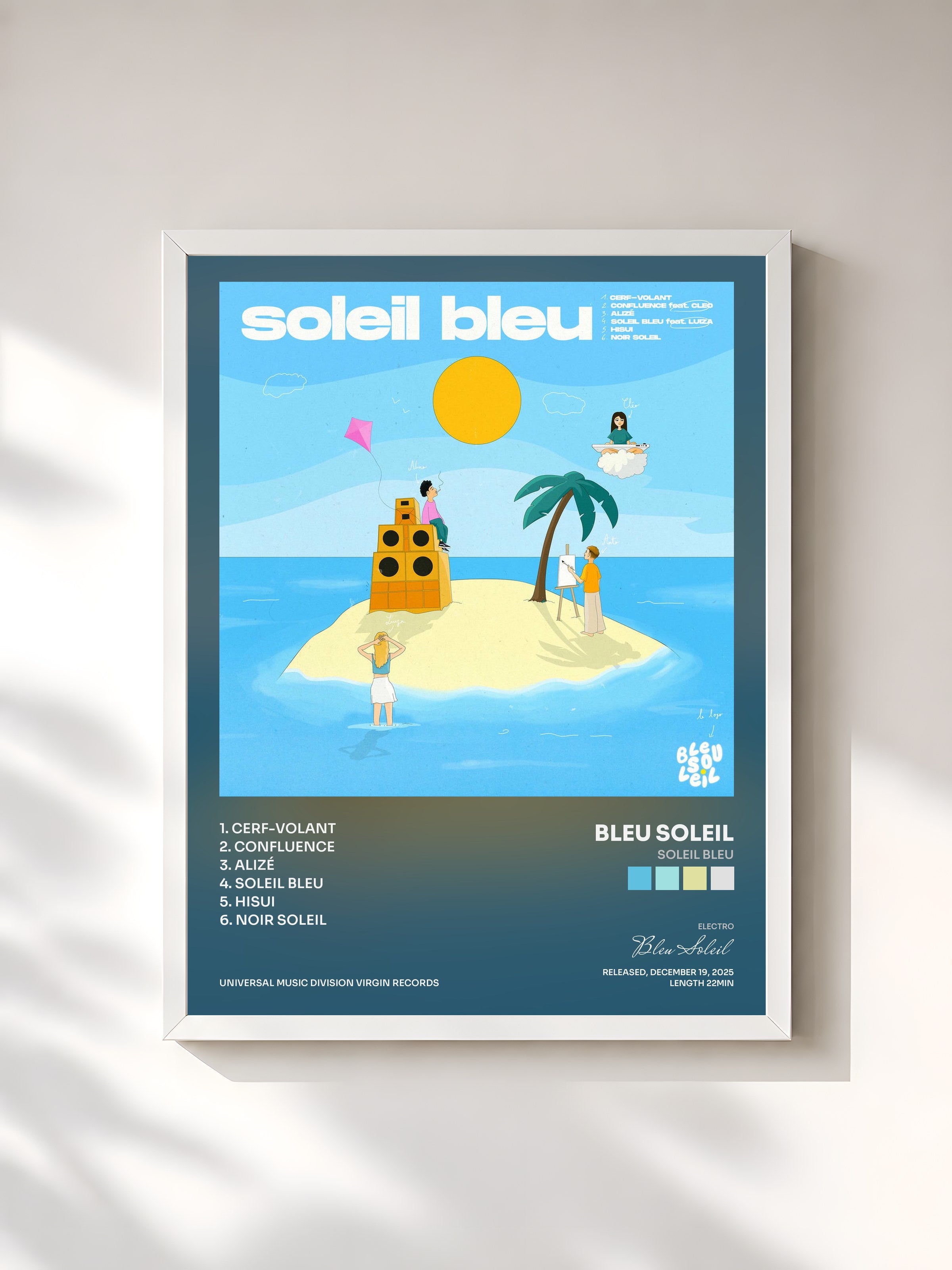 #blanc Tableau de l'album Soleil bleu de Bleu Soleil, cadre blanc, imprimé et encadré en France