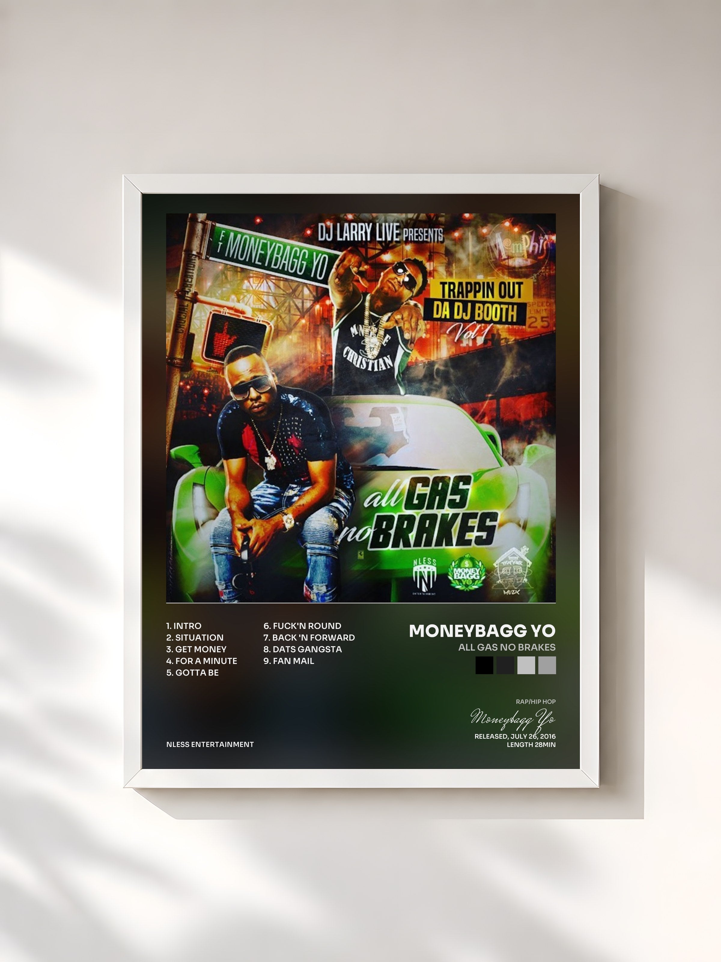 #blanc Tableau de l'album All Gas No Brakes de Moneybagg Yo, cadre blanc, imprimé et encadré en France