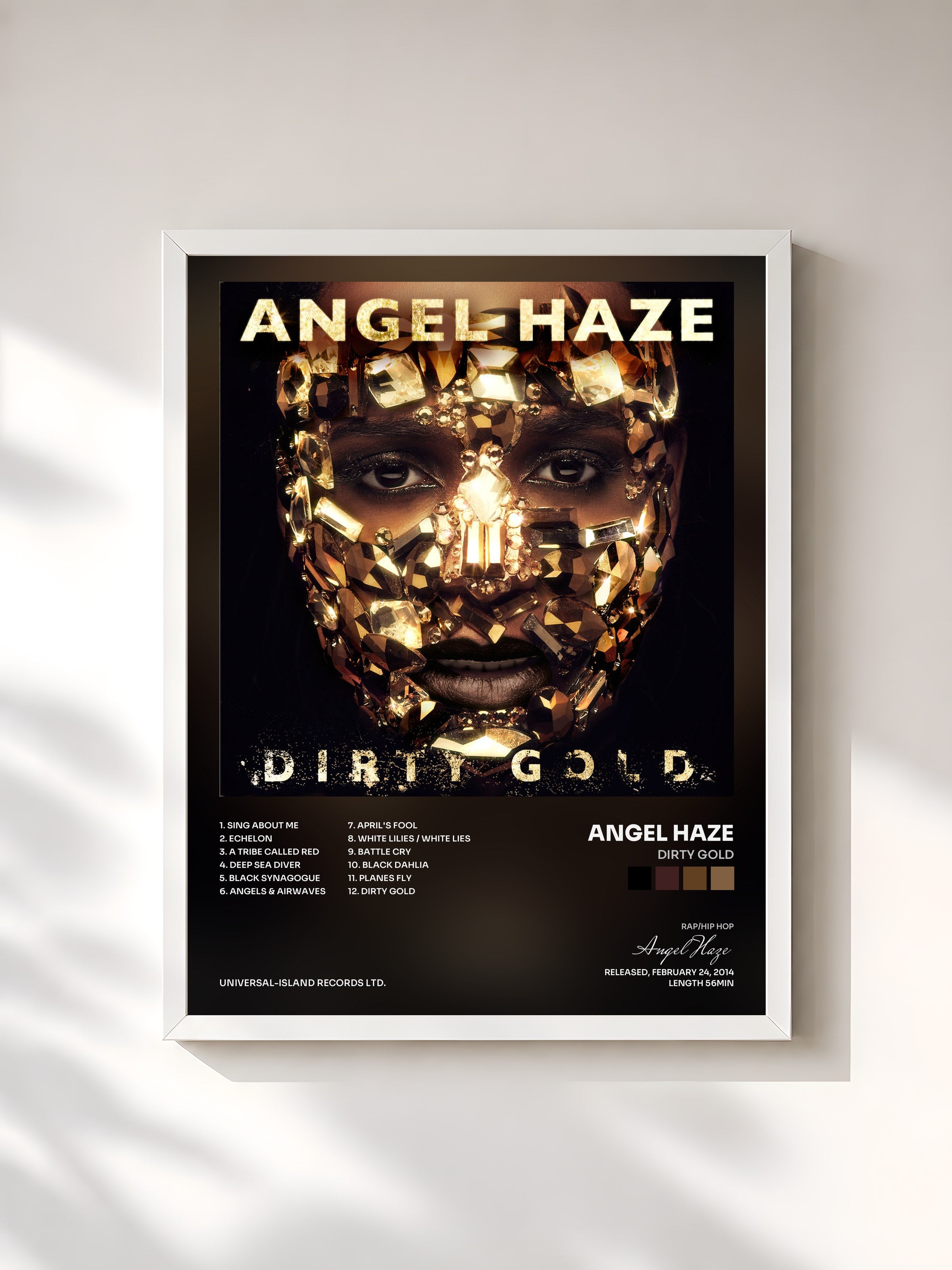 #blanc Tableau de l'album Dirty Gold de Angel Haze, cadre blanc, imprimé et encadré en France