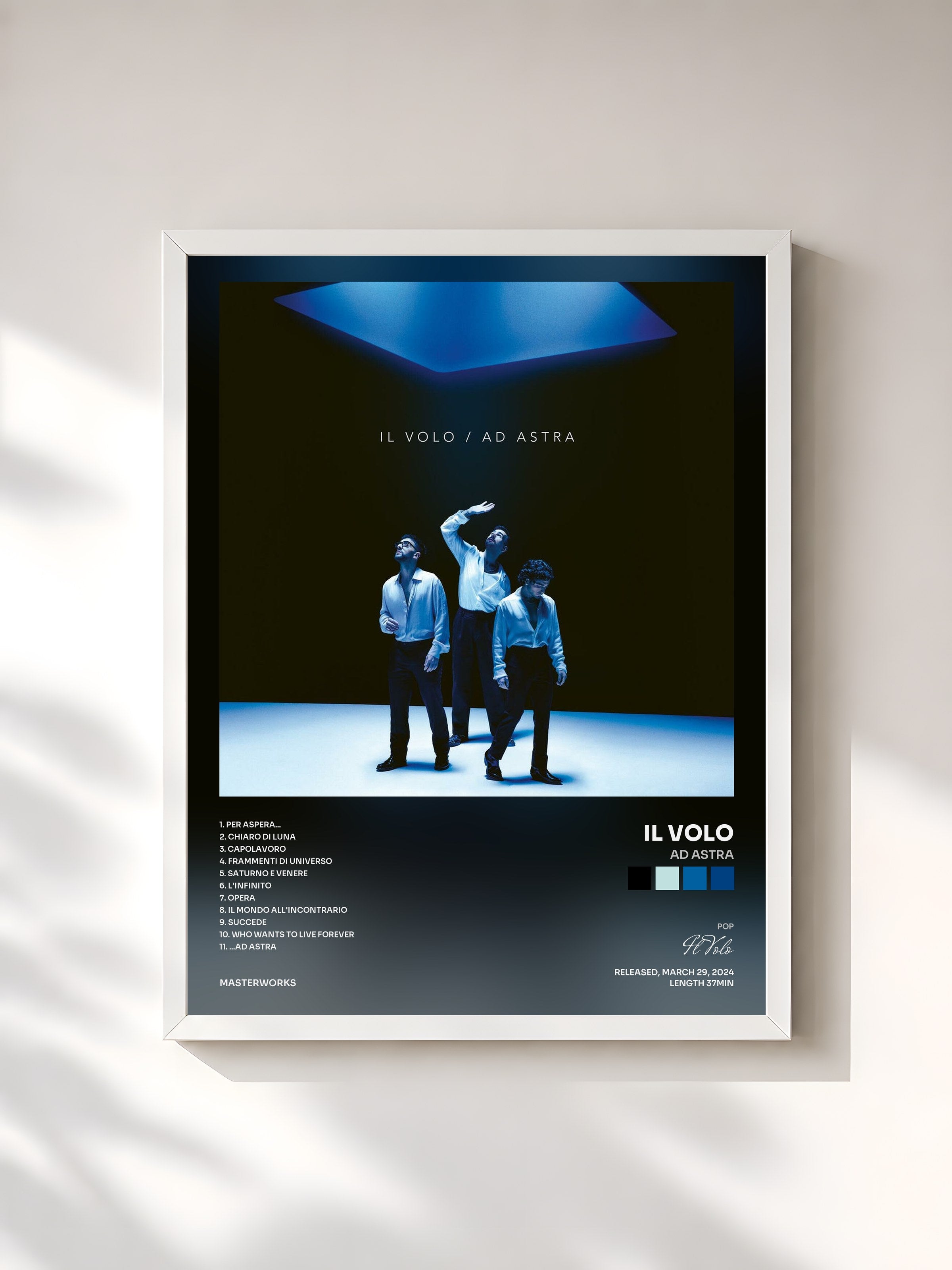 #blanc Tableau de l'album Ad Astra de Il Volo, cadre blanc, imprimé et encadré en France