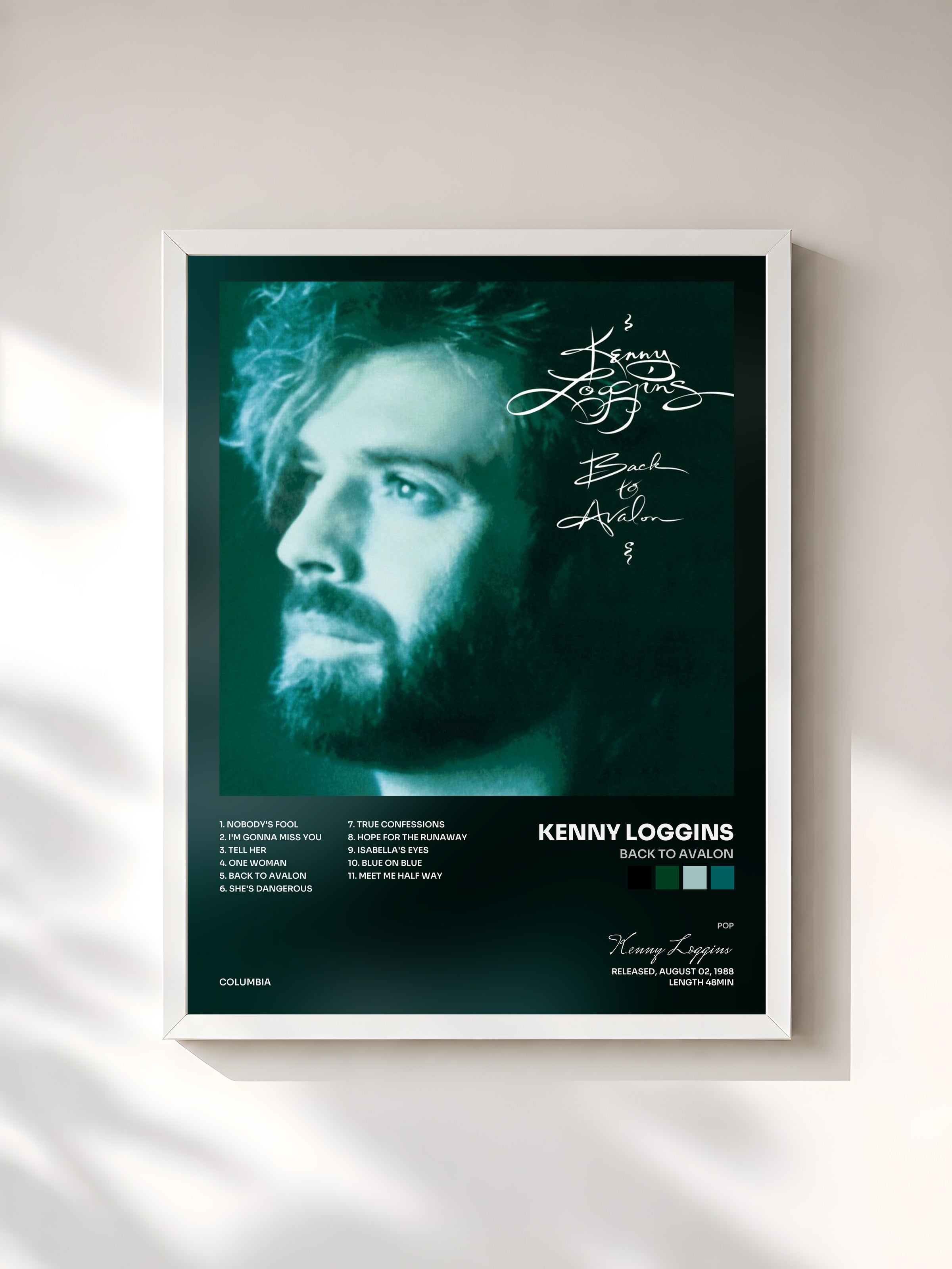#blanc Tableau de l'album Back To Avalon de Kenny Loggins, cadre blanc, imprimé et encadré en France