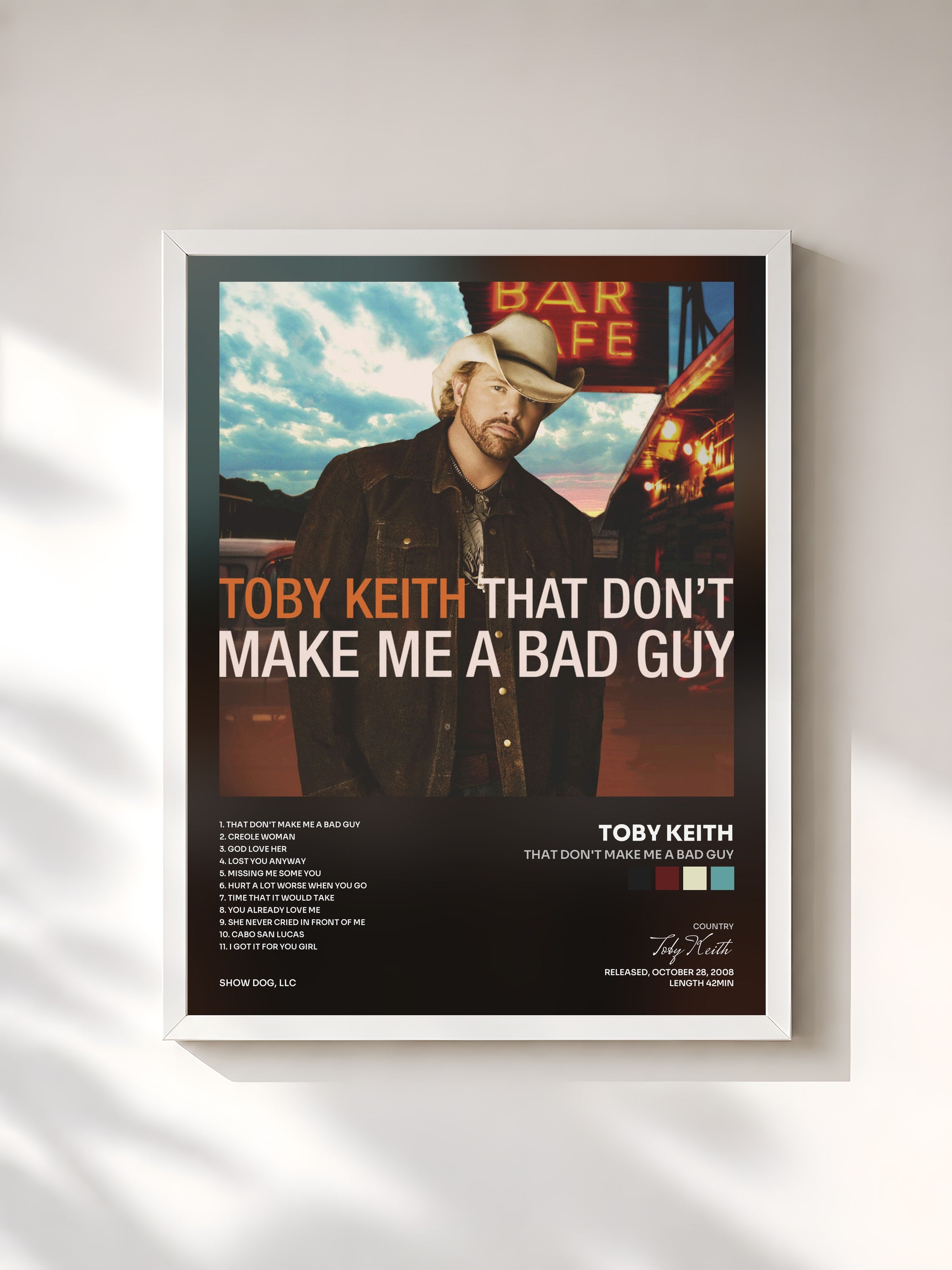 #blanc Tableau de l'album That Don't Make Me a Bad Guy de Toby Keith, cadre blanc, imprimé et encadré en France