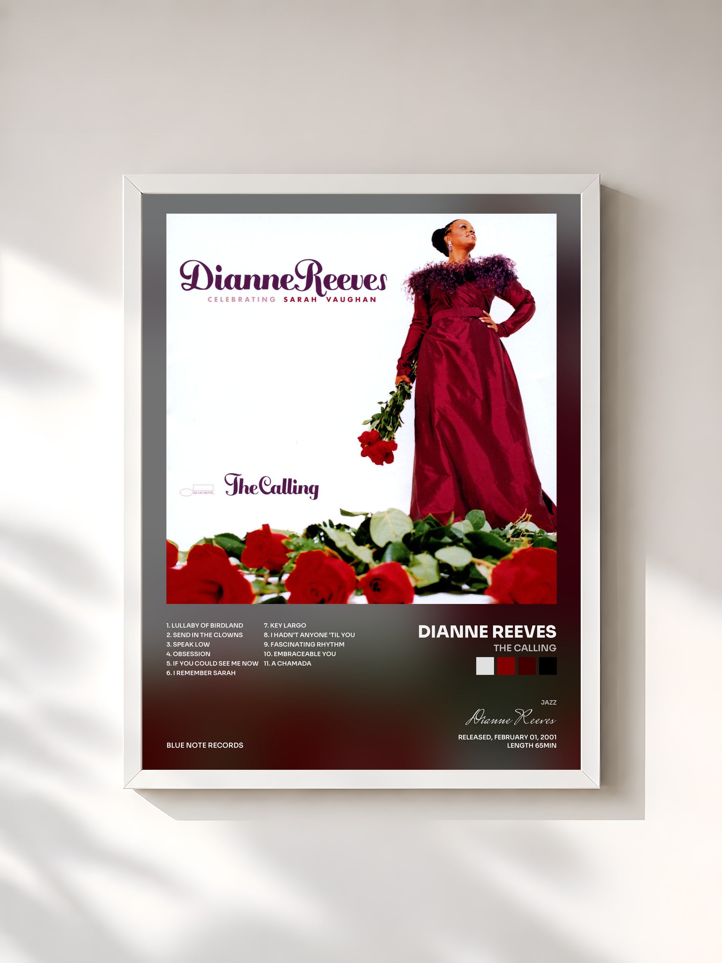 #blanc Tableau de l'album The Calling de Dianne Reeves, cadre blanc, imprimé et encadré en France