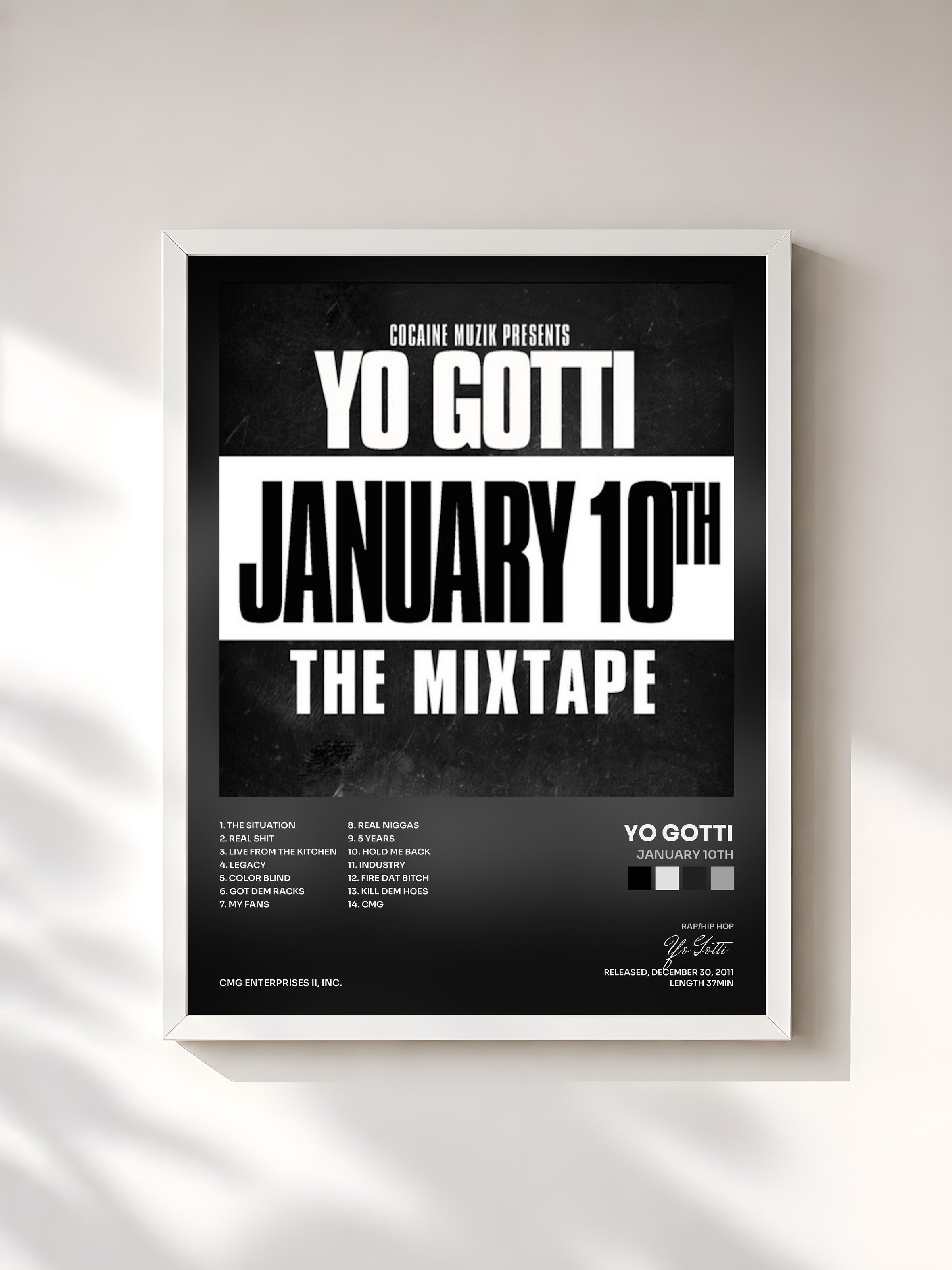 #blanc Tableau de l'album January 10th de Yo Gotti, cadre blanc, imprimé et encadré en France