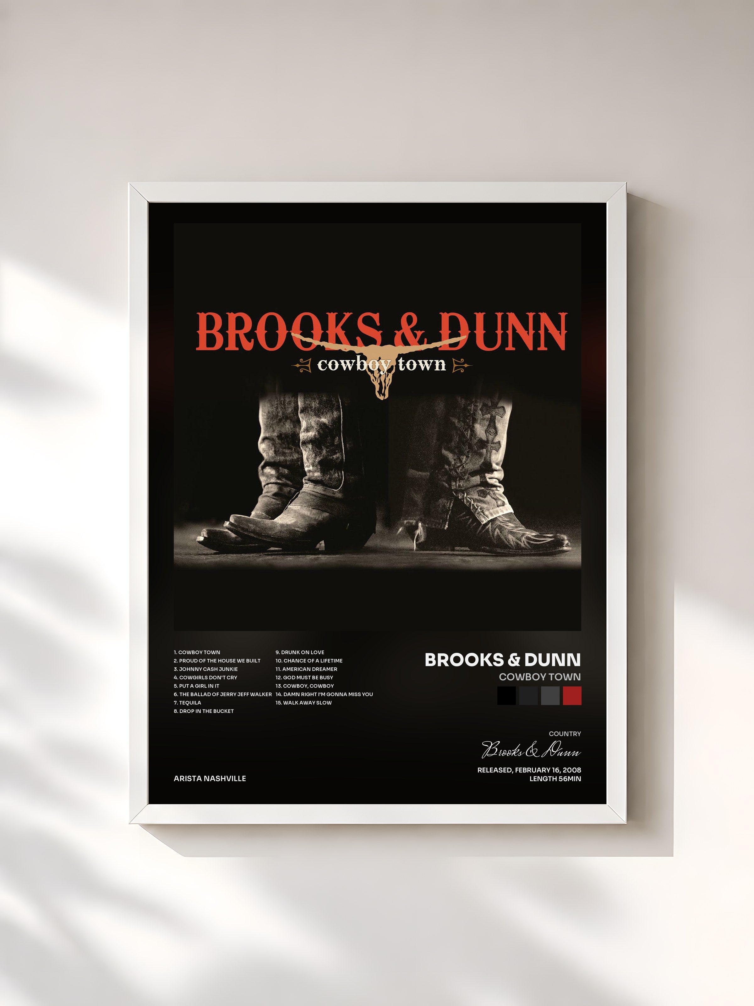 #blanc Tableau de l'album Cowboy Town de Brooks & Dunn, cadre blanc, imprimé et encadré en France