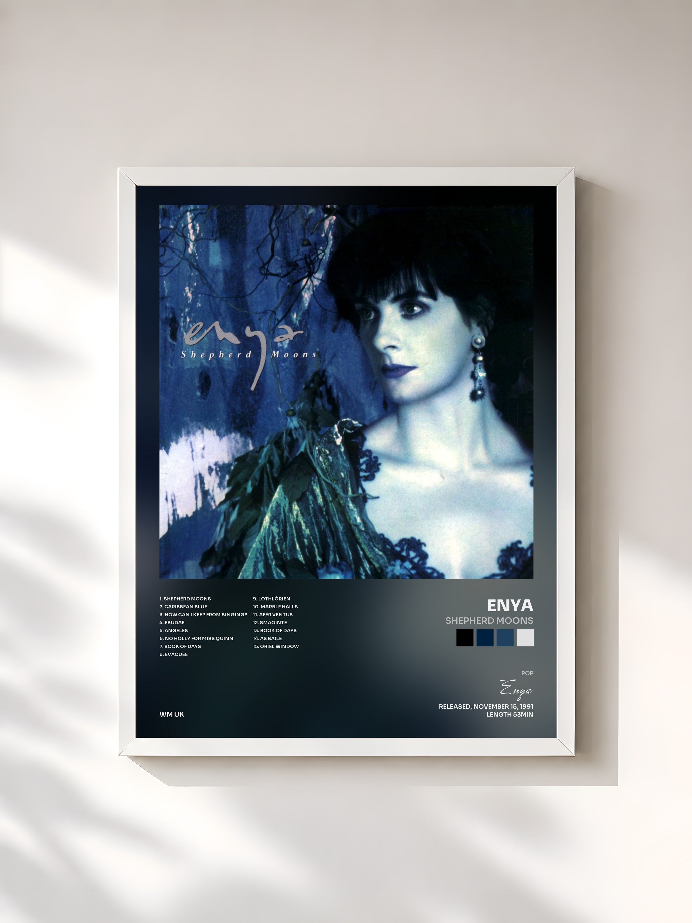 #blanc Tableau de l'album Shepherd Moons de Enya, cadre blanc, imprimé et encadré en France