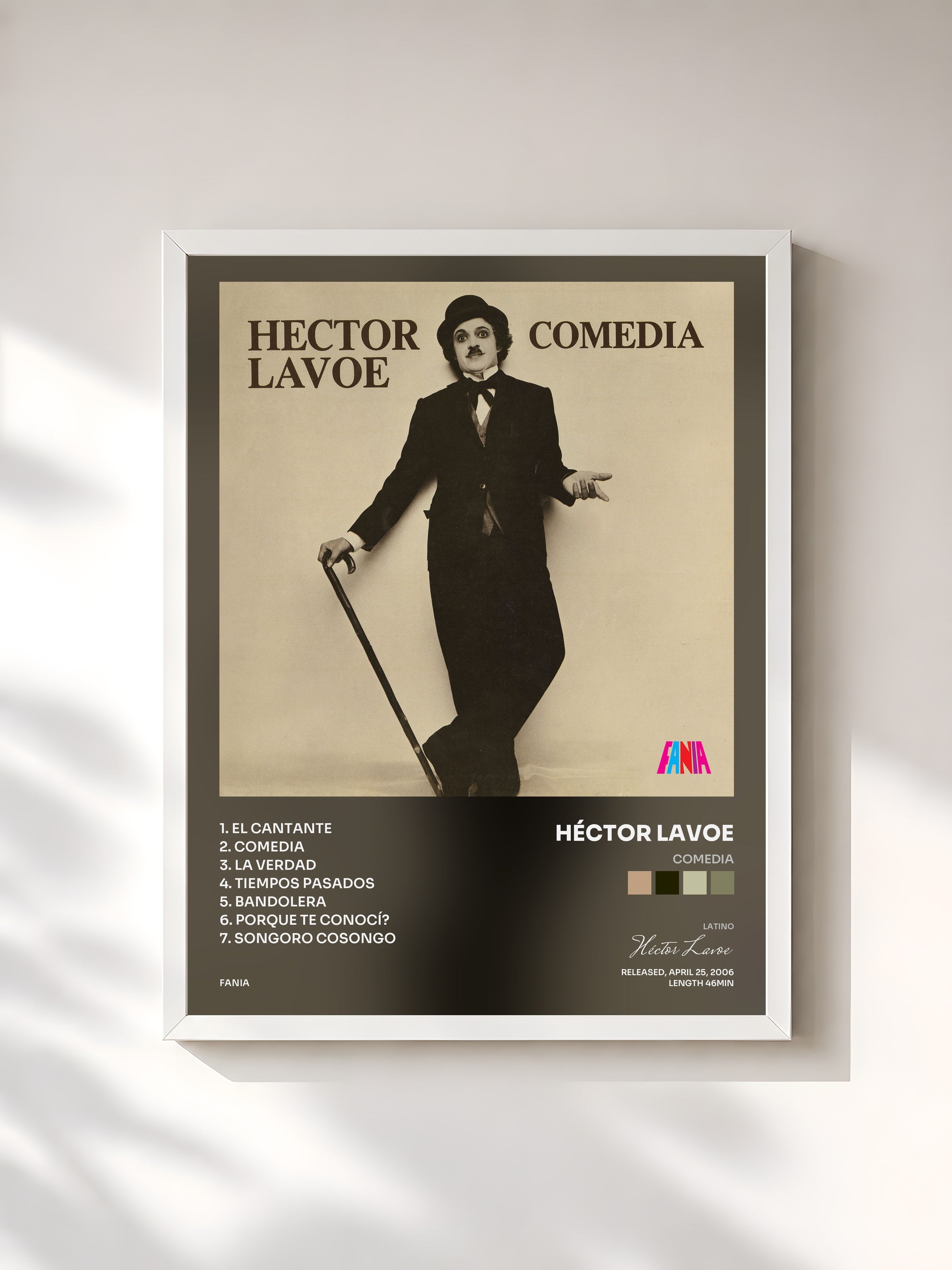#blanc Tableau de l'album Comedia de Héctor Lavoe, cadre blanc, imprimé et encadré en France