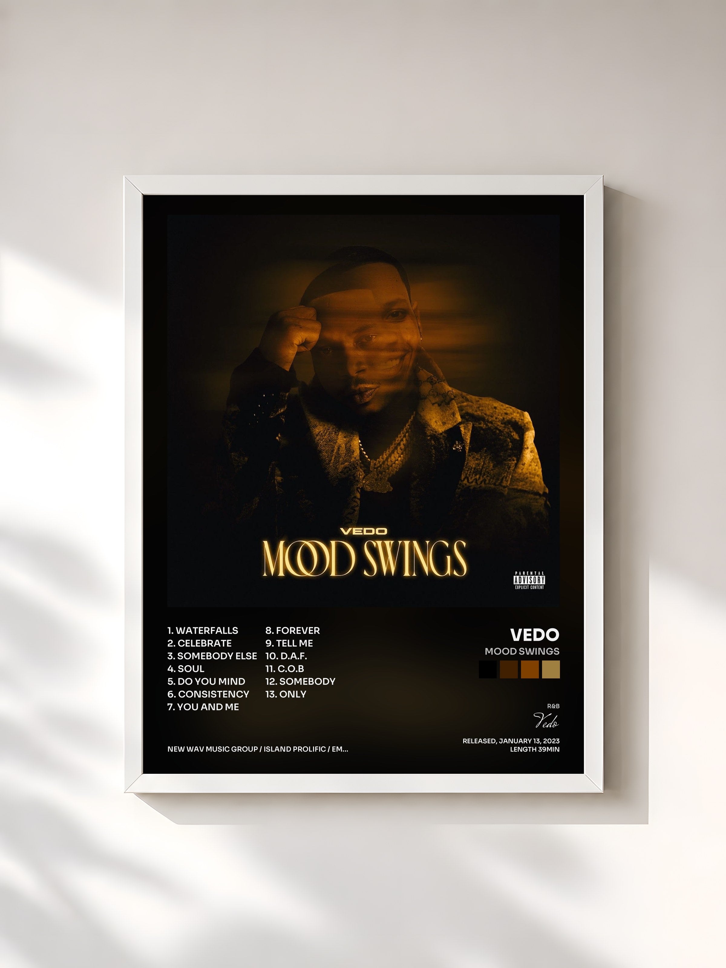 #blanc Tableau de l'album Mood Swings de Vedo, cadre blanc, imprimé et encadré en France